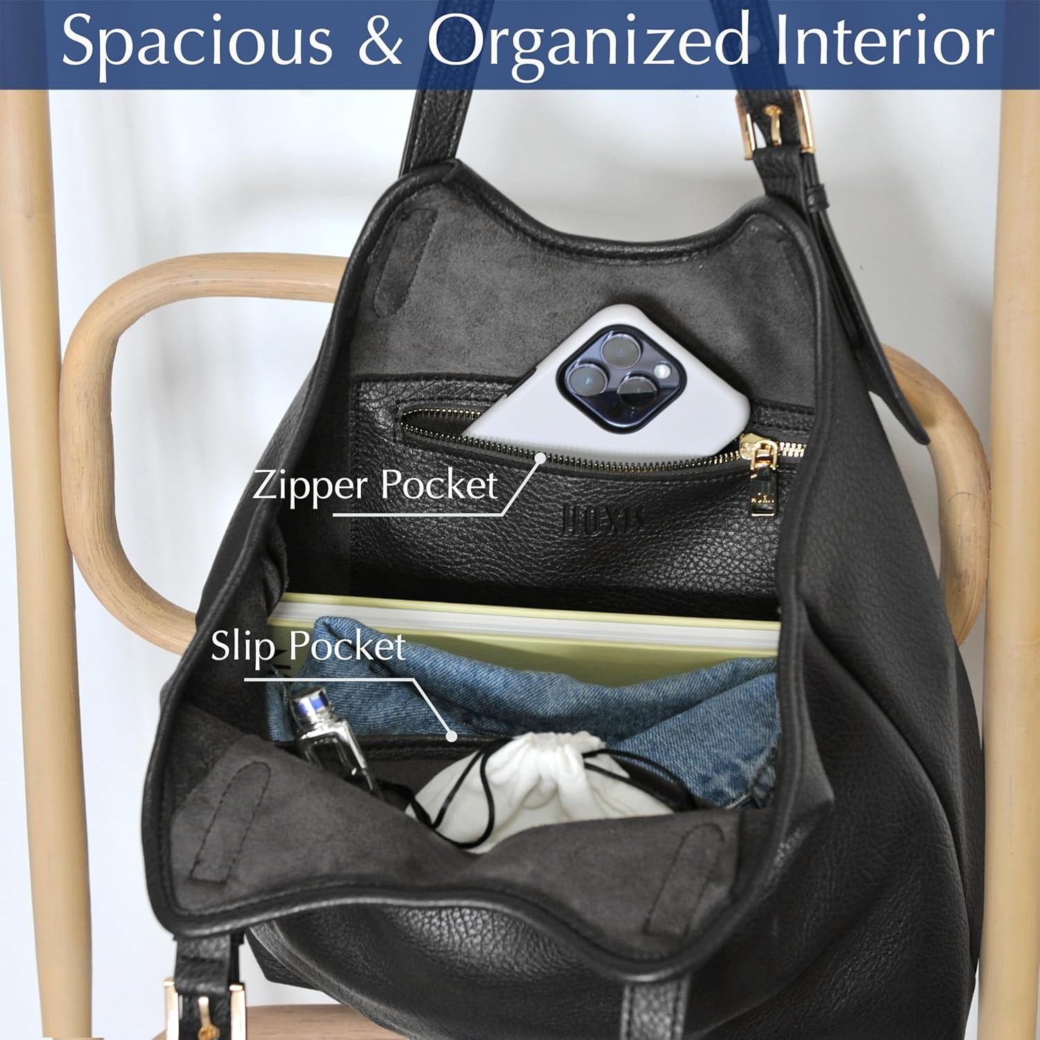 image:imageHOXIS Tote Bag for Women with Adjustable Handles Soft Vegan Leather Shoulder Handbag for Work Travel amp Everyday UseBlack