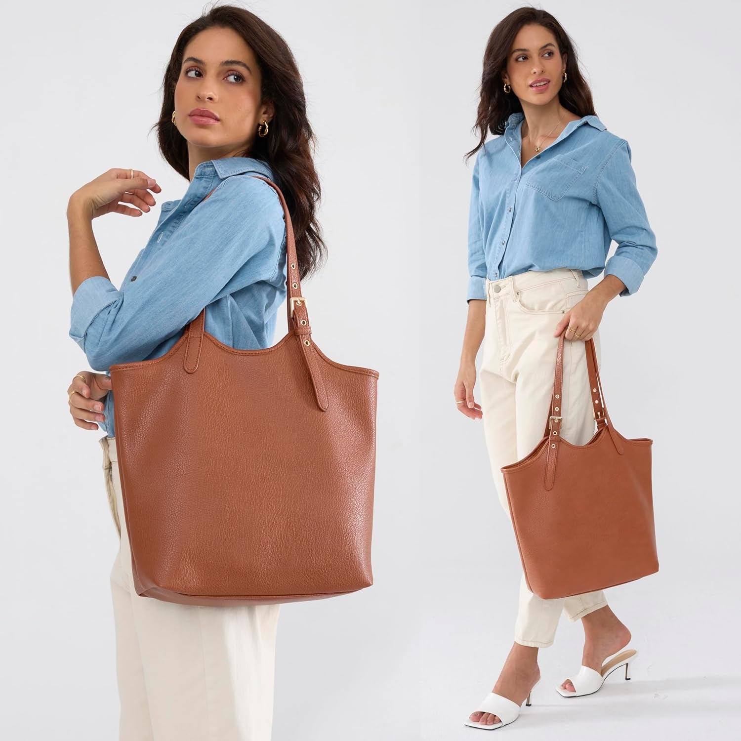 image:imageHOXIS Tote Bag for Women with Adjustable Handles Soft Vegan Leather Shoulder Handbag for Work Travel amp Everyday UseBrown