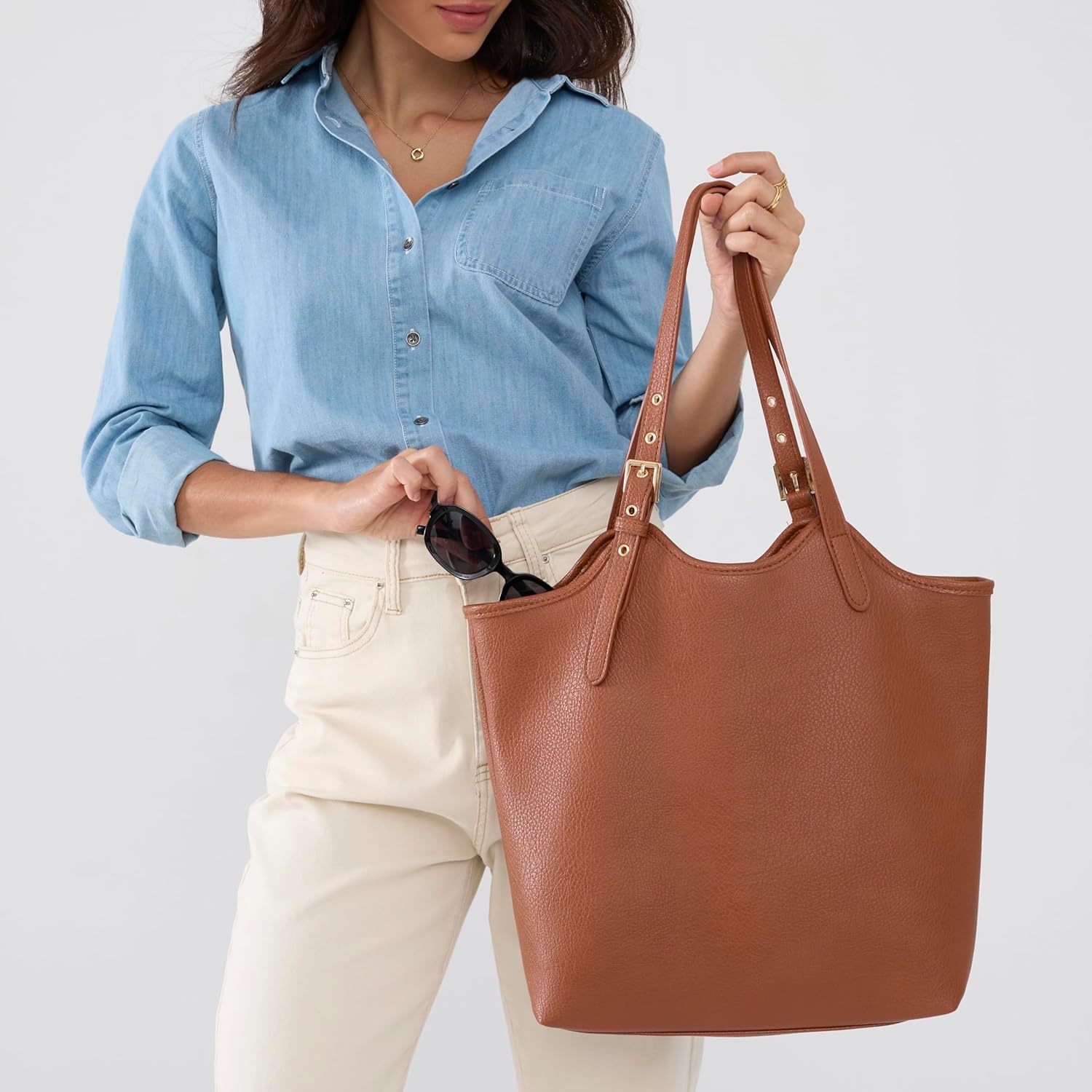 image:imageHOXIS Tote Bag for Women with Adjustable Handles Soft Vegan Leather Shoulder Handbag for Work Travel amp Everyday UseBrown