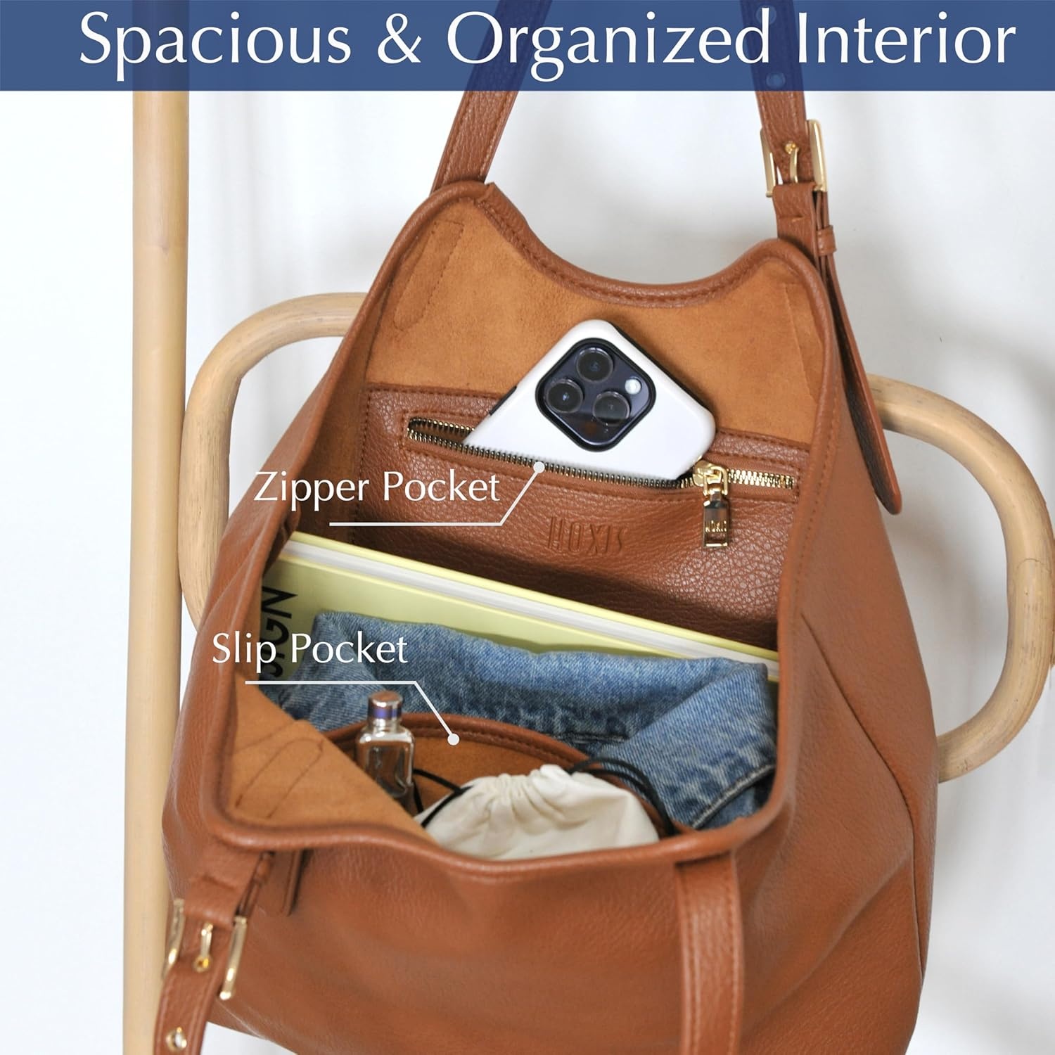 image:imageHOXIS Tote Bag for Women with Adjustable Handles Soft Vegan Leather Shoulder Handbag for Work Travel amp Everyday UseBrown