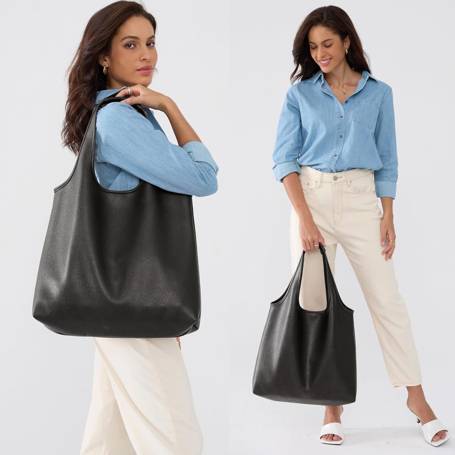 image:imageHOXIS Womens Hobo Bag Soft Vegan Leather Tote Oversized Slouchy Handbag for ShoppingWeekenderWorkBlack