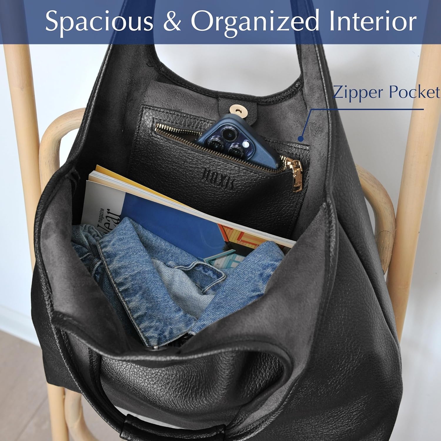 image:imageHOXIS Womens Hobo Bag Soft Vegan Leather Tote Oversized Slouchy Handbag for ShoppingWeekenderWorkBlack