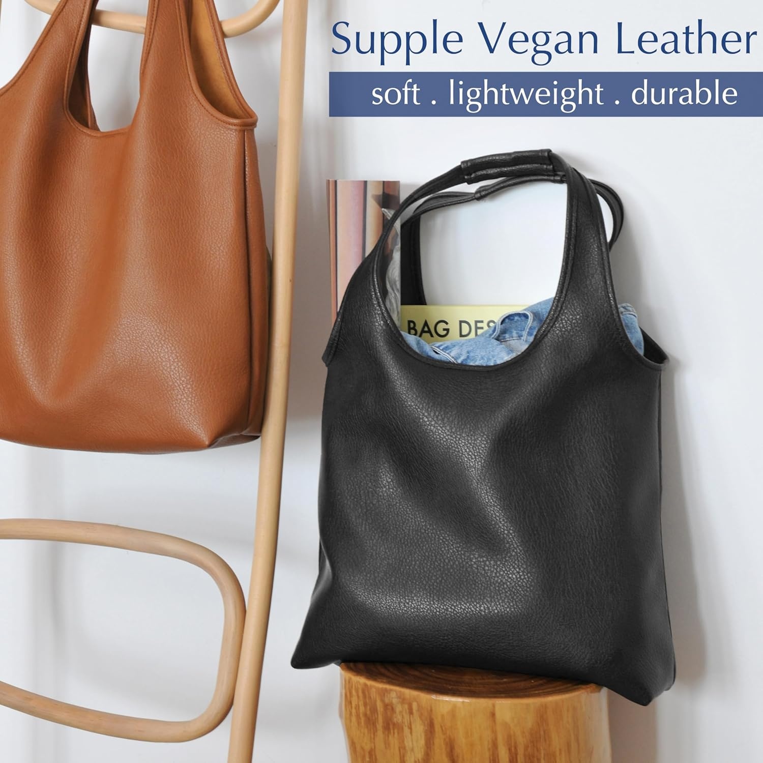 image:imageHOXIS Womens Hobo Bag Soft Vegan Leather Tote Oversized Slouchy Handbag for ShoppingWeekenderWorkBlack