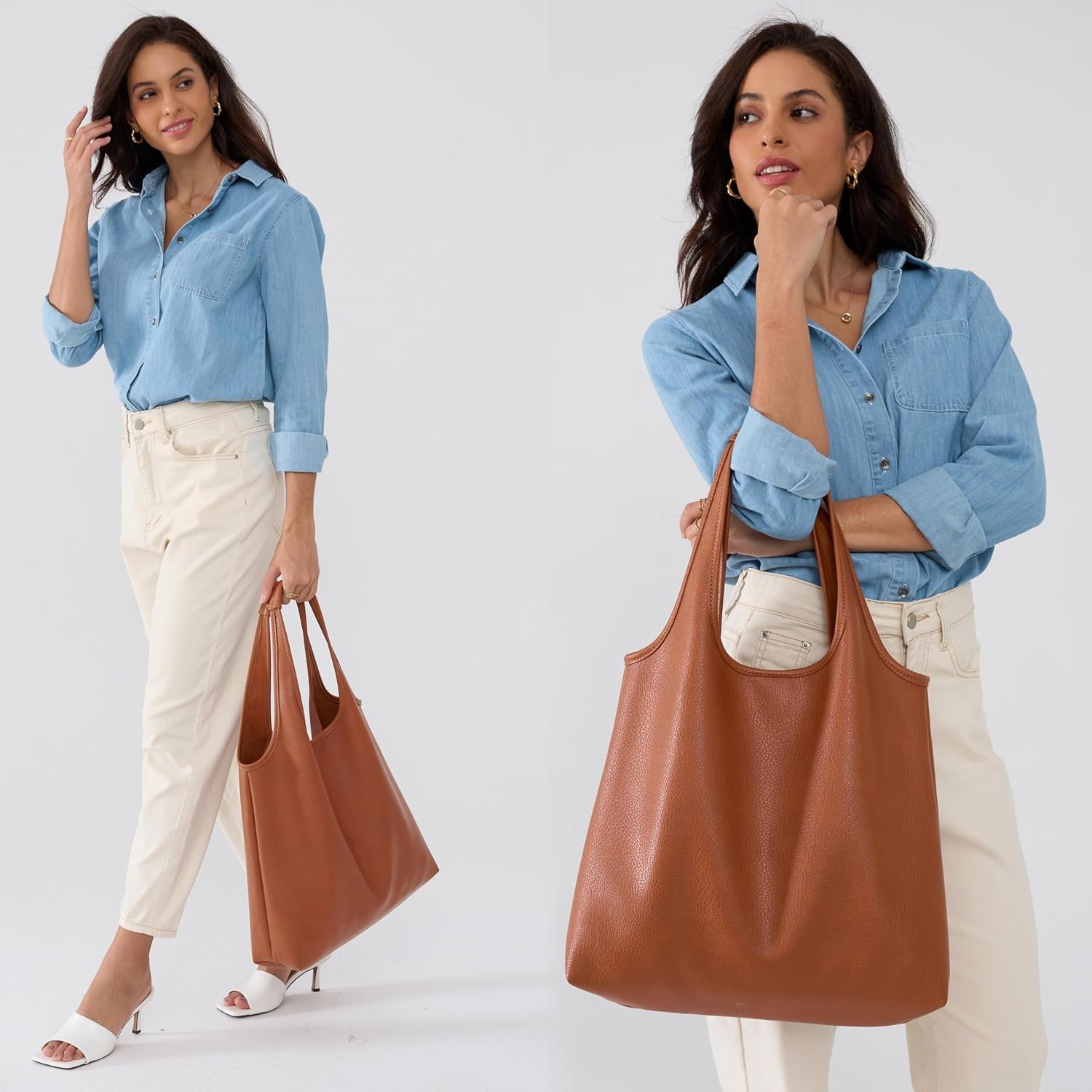 image:imageHOXIS Womens Hobo Bag Soft Vegan Leather Tote Oversized Slouchy Handbag for ShoppingWeekenderWorkBrown