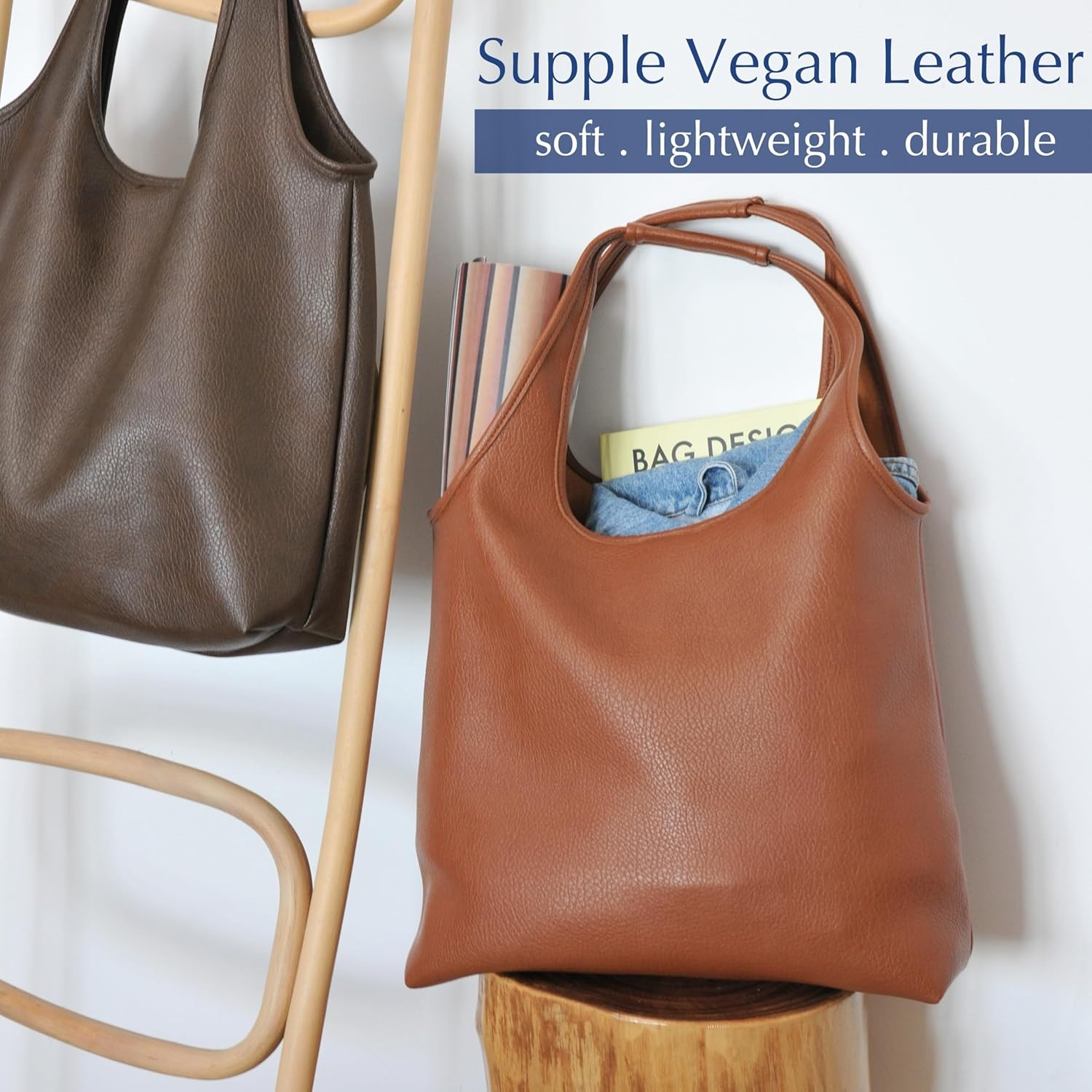 image:imageHOXIS Womens Hobo Bag Soft Vegan Leather Tote Oversized Slouchy Handbag for ShoppingWeekenderWorkBrown
