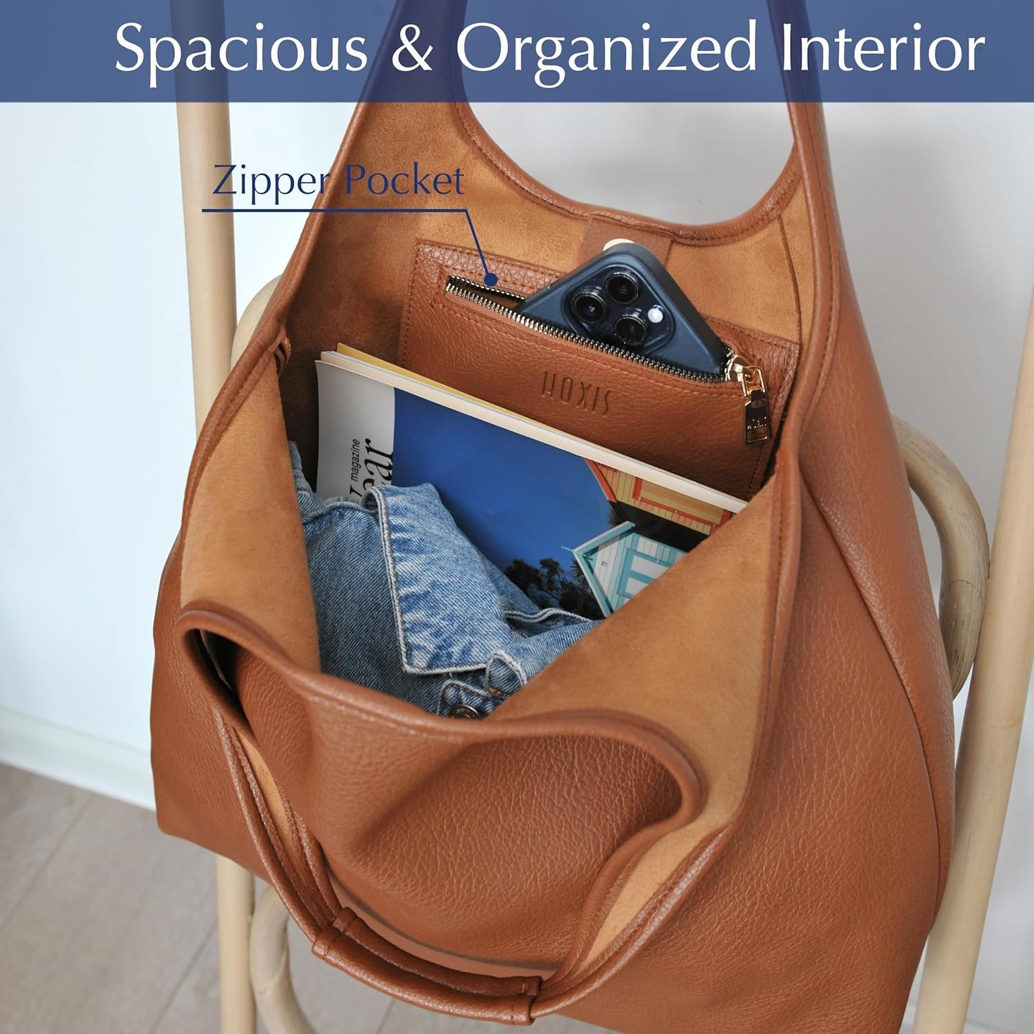 image:imageHOXIS Womens Hobo Bag Soft Vegan Leather Tote Oversized Slouchy Handbag for ShoppingWeekenderWorkBrown