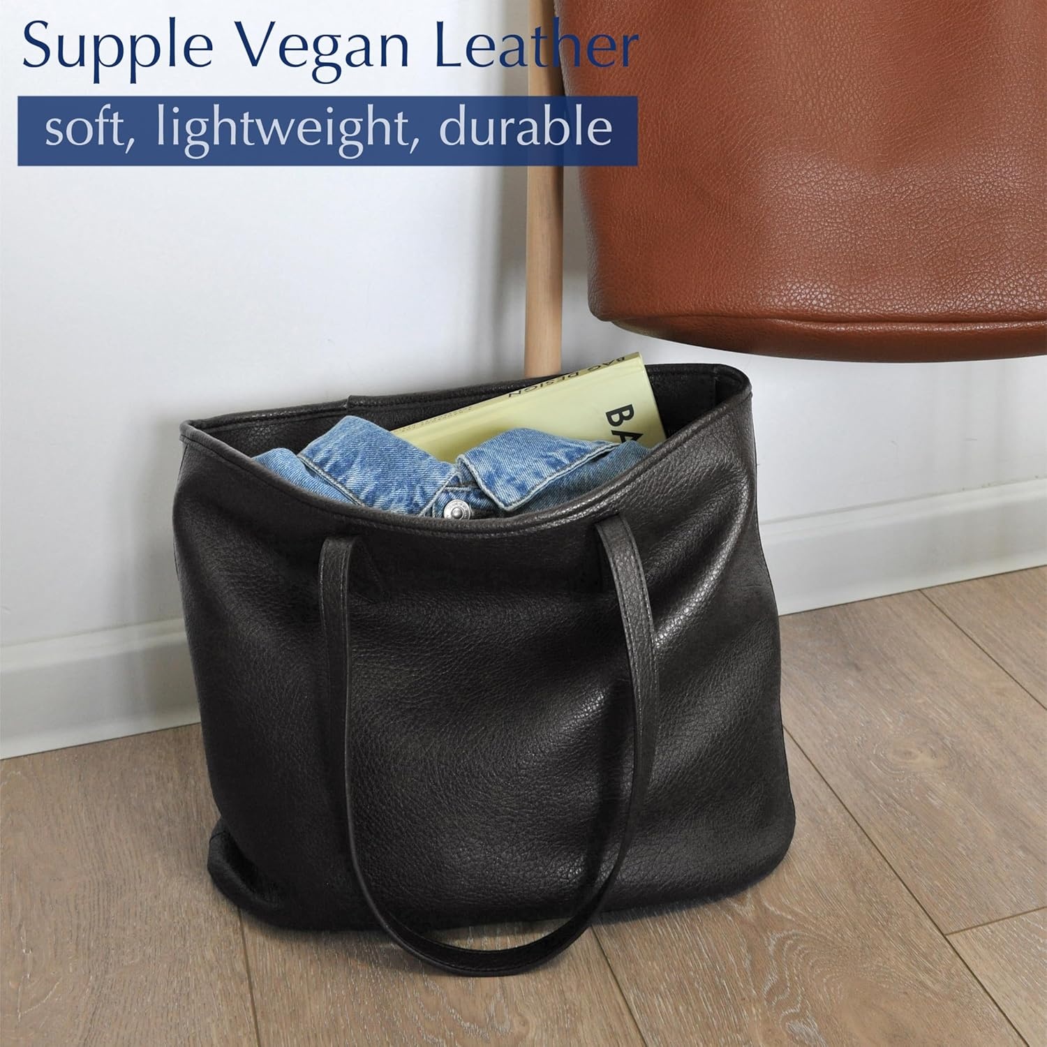 image:imageZipper Tote Bag for Women Soft Vegan Leather Handbag for Work Travel amp Everyday UseBlack
