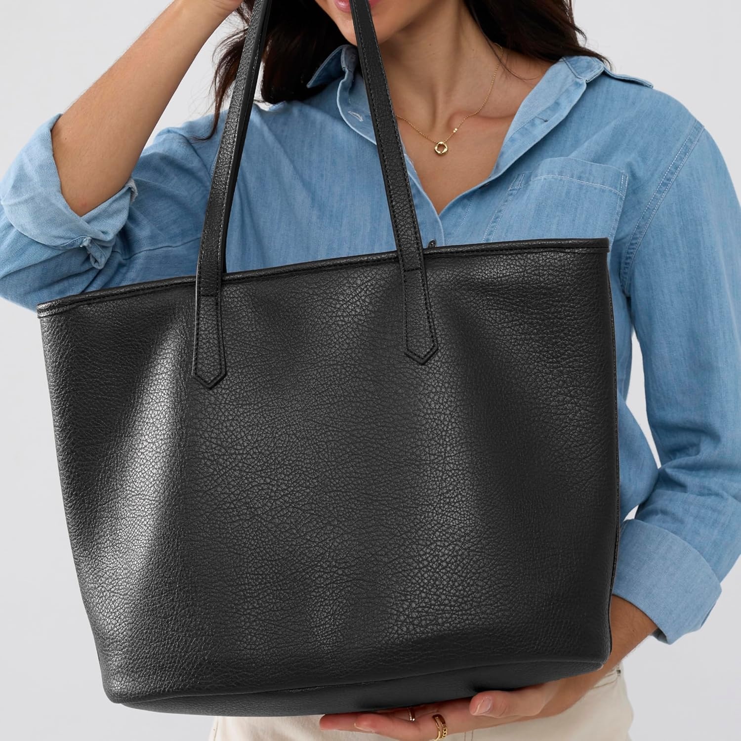image:imageZipper Tote Bag for Women Soft Vegan Leather Handbag for Work Travel amp Everyday UseBlack