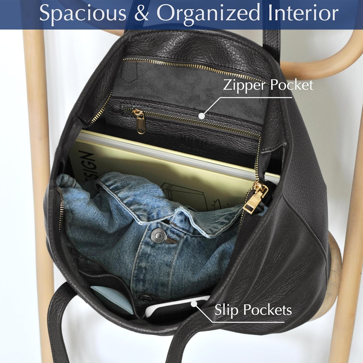 image:imageZipper Tote Bag for Women Soft Vegan Leather Handbag for Work Travel amp Everyday UseBlack