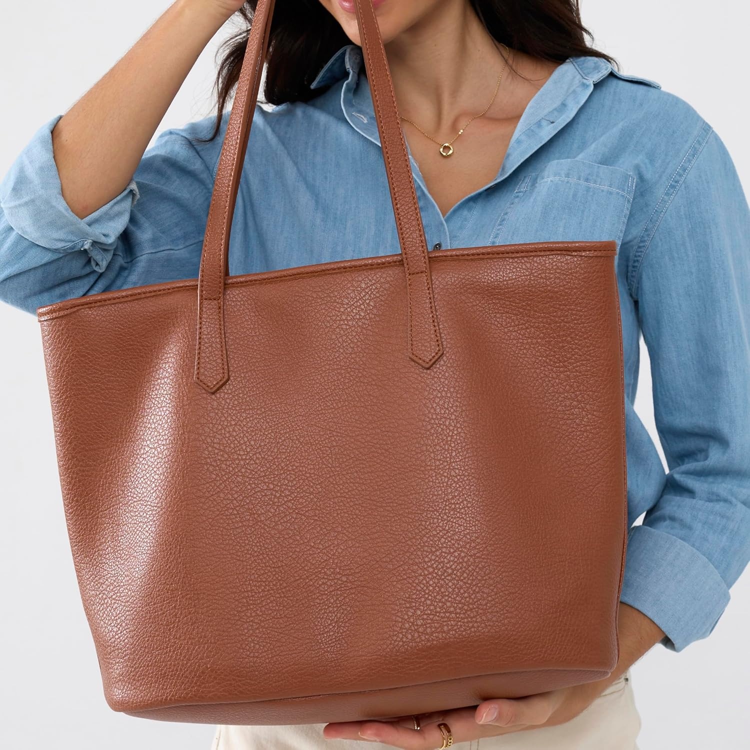 image:imageZipper Tote Bag for Women Soft Vegan Leather Handbag for Work Travel amp Everyday UseBrown