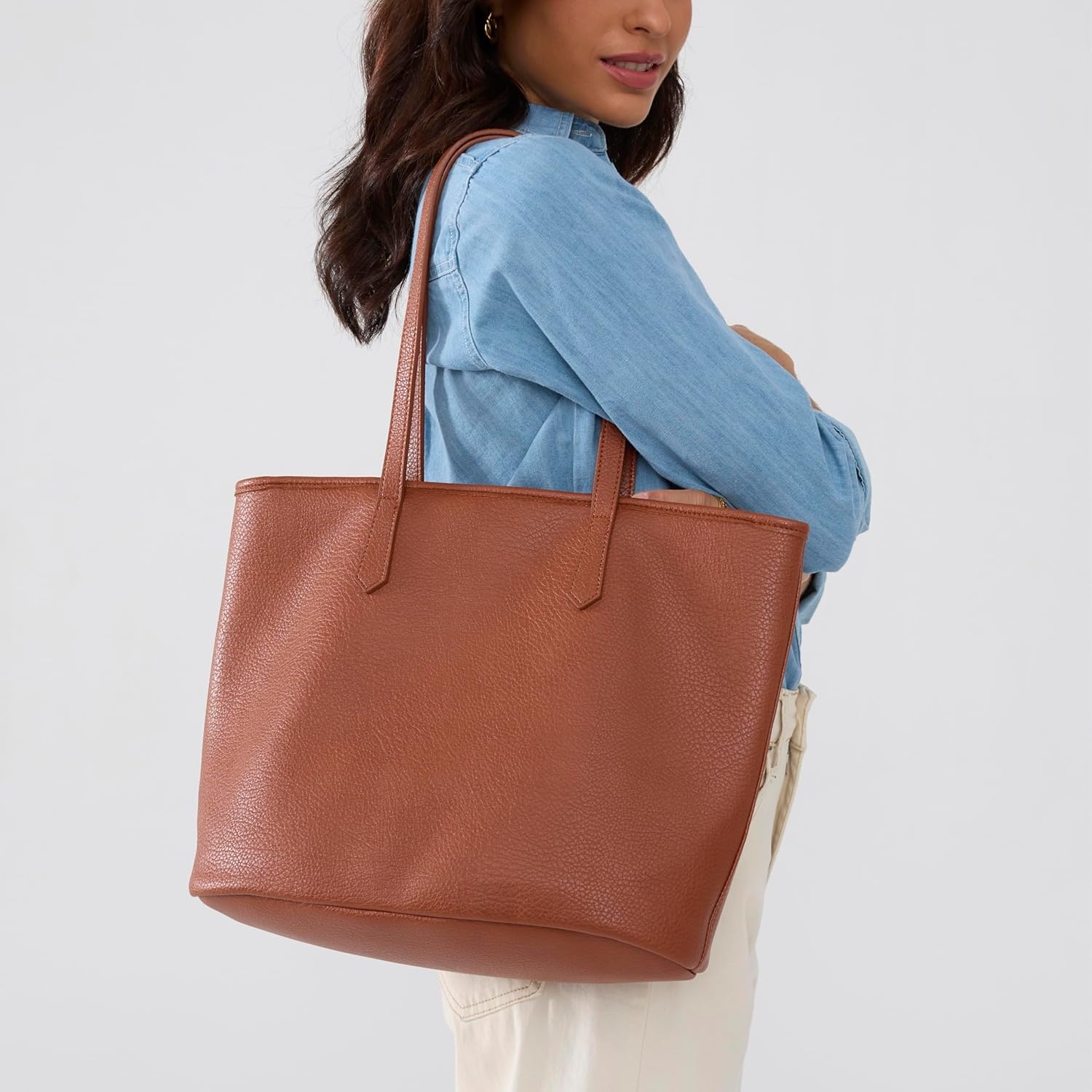 image:imageZipper Tote Bag for Women Soft Vegan Leather Handbag for Work Travel amp Everyday UseBrown