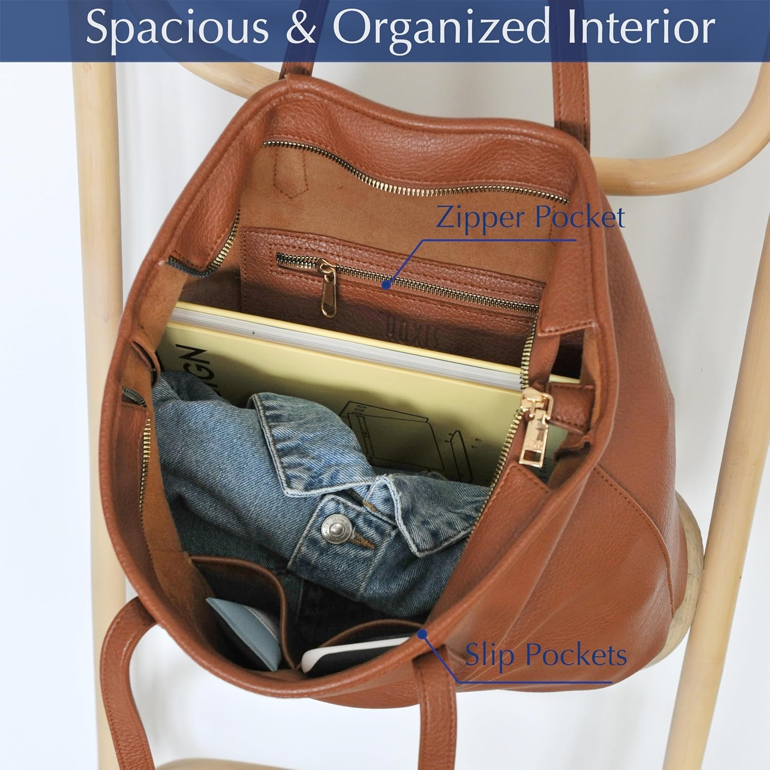 image:imageZipper Tote Bag for Women Soft Vegan Leather Handbag for Work Travel amp Everyday UseBrown