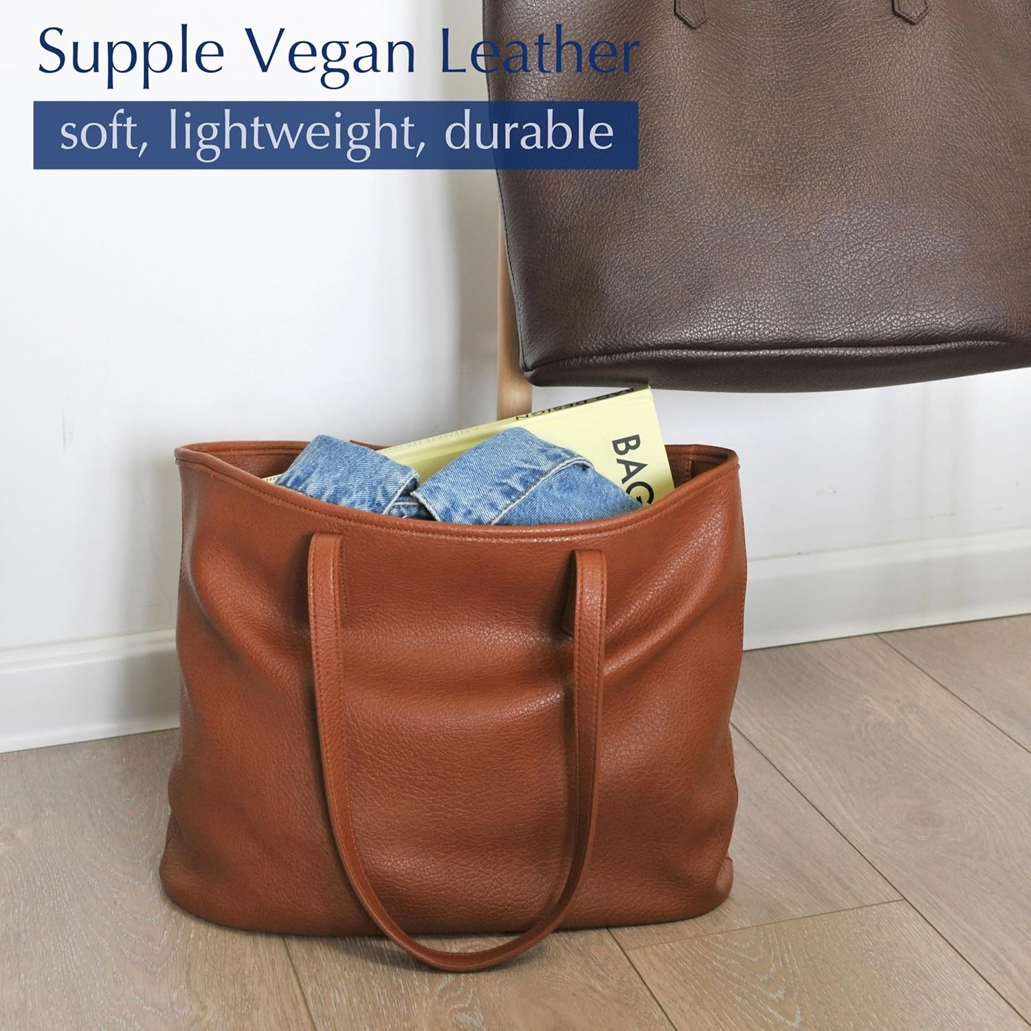 image:imageZipper Tote Bag for Women Soft Vegan Leather Handbag for Work Travel amp Everyday UseBrown
