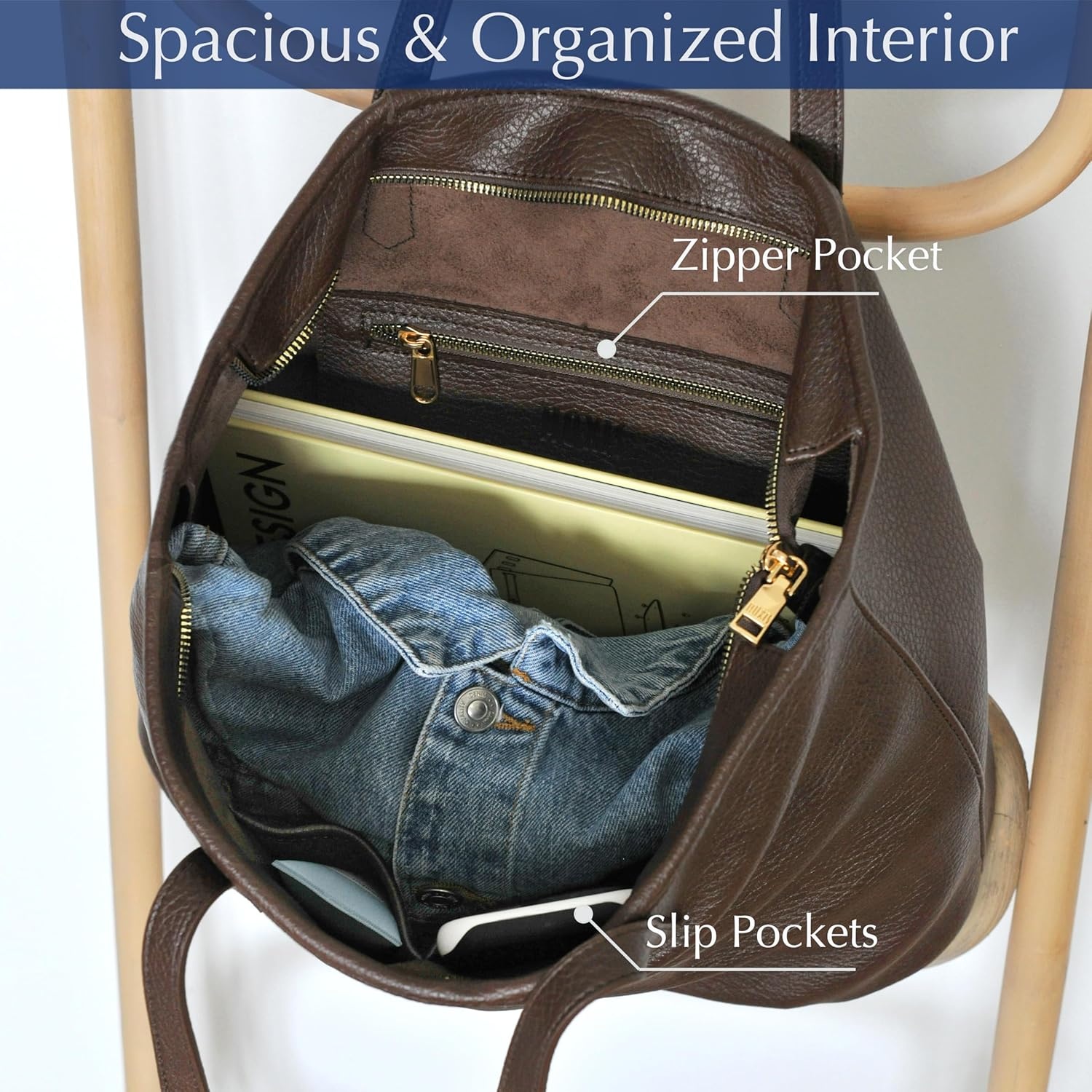 image:imageZipper Tote Bag for Women Soft Vegan Leather Handbag for Work Travel amp Everyday UseCoffee