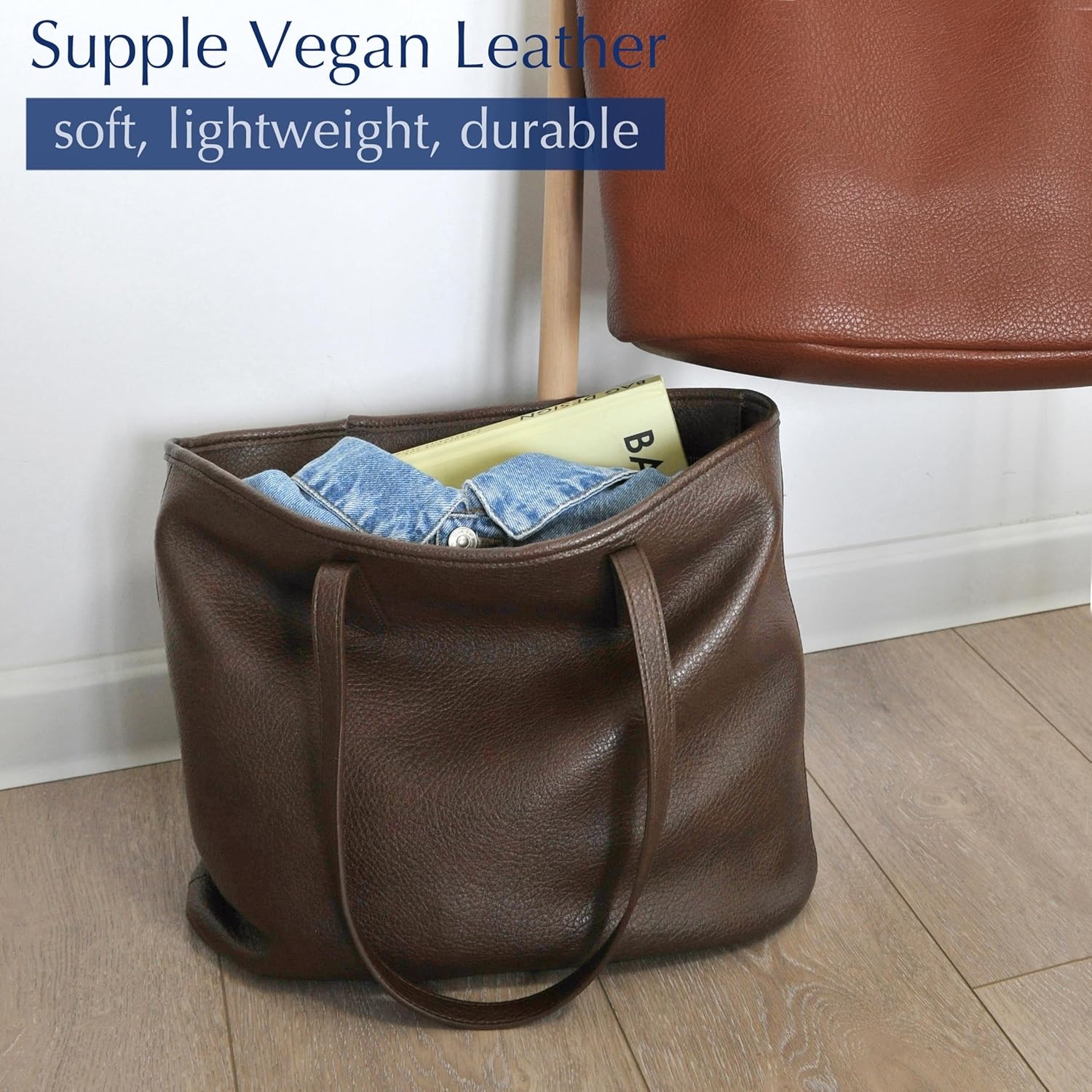 image:imageZipper Tote Bag for Women Soft Vegan Leather Handbag for Work Travel amp Everyday UseCoffee