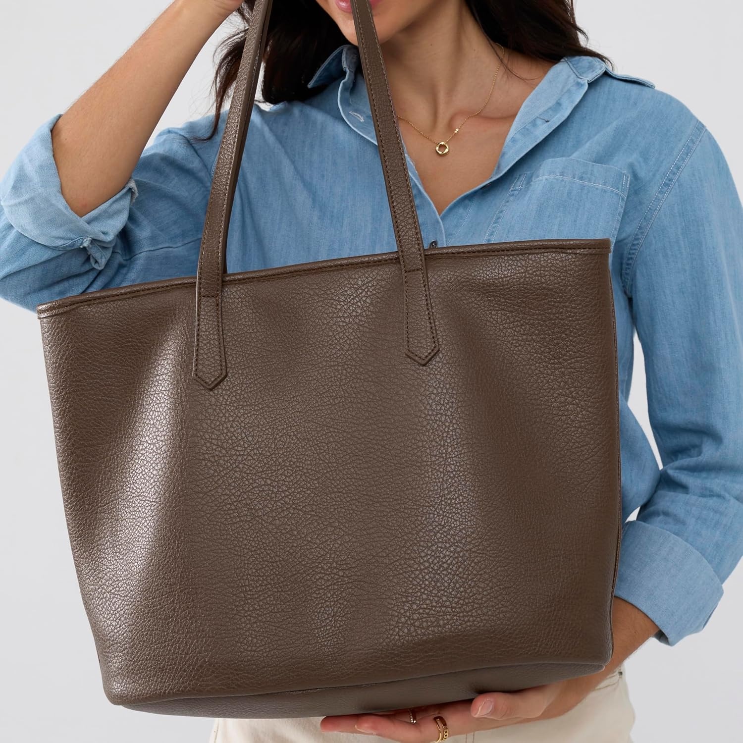image:imageZipper Tote Bag for Women Soft Vegan Leather Handbag for Work Travel amp Everyday UseCoffee