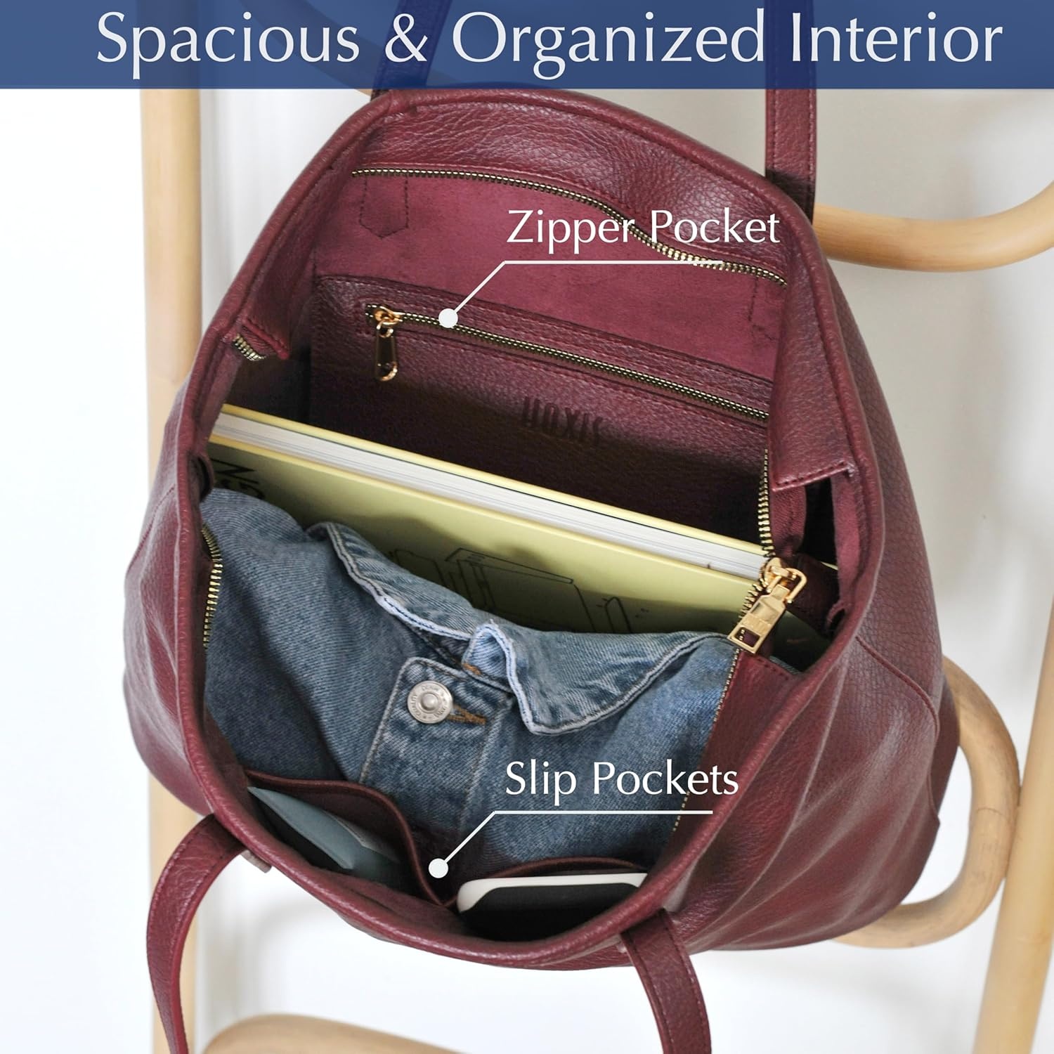 image:imageZipper Tote Bag for Women Soft Vegan Leather Handbag for Work Travel amp Everyday UseDark Red