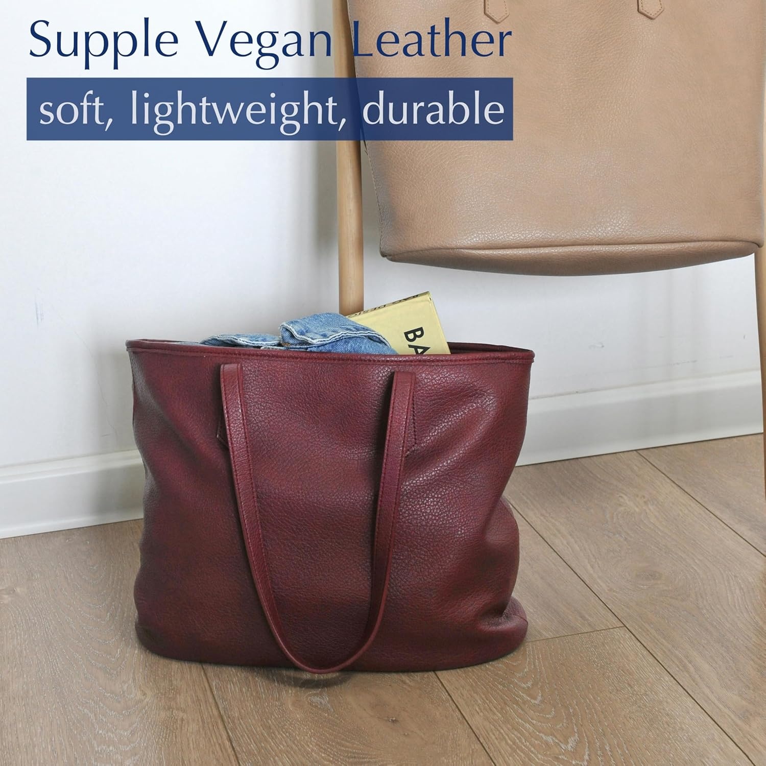 image:imageZipper Tote Bag for Women Soft Vegan Leather Handbag for Work Travel amp Everyday UseDark Red