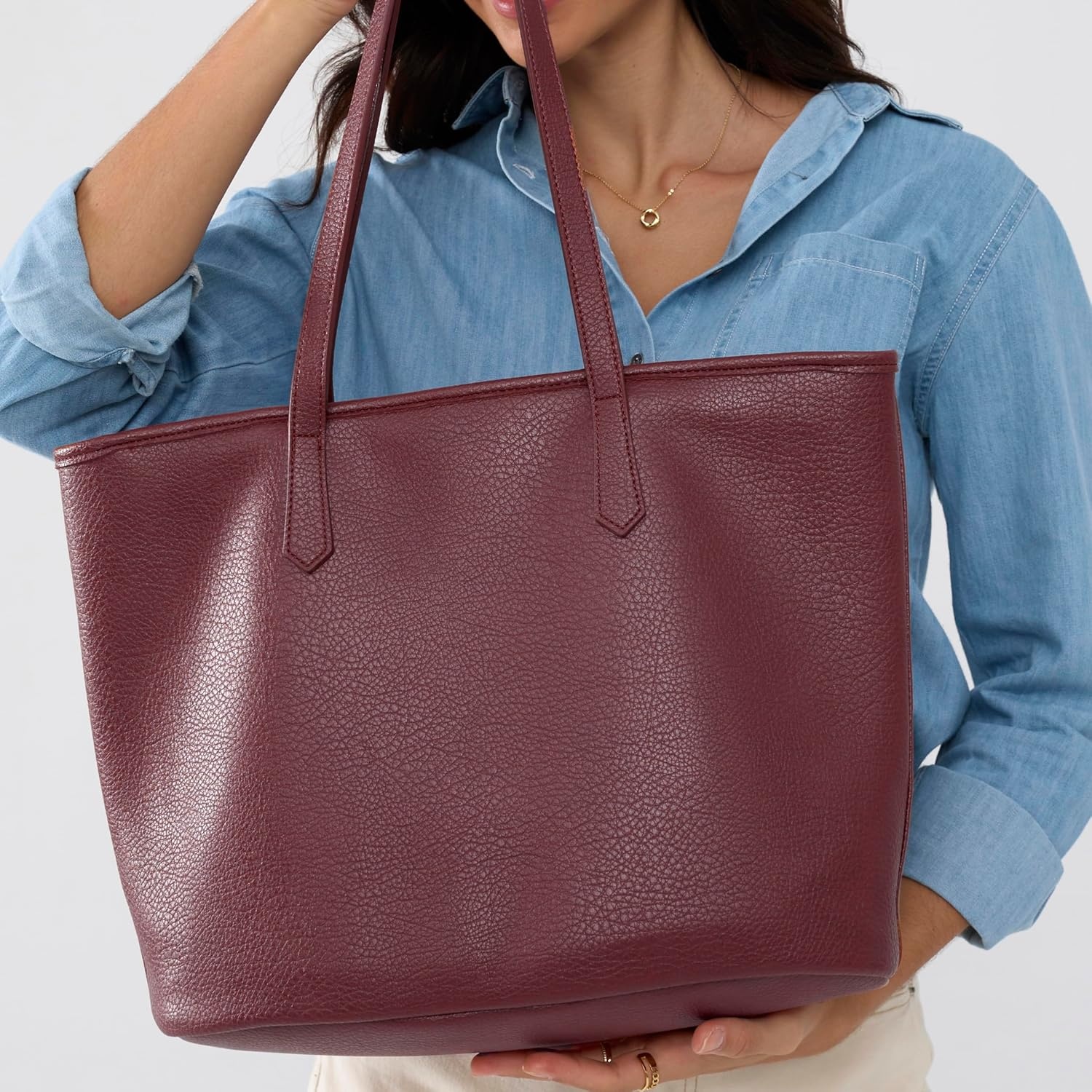 image:imageZipper Tote Bag for Women Soft Vegan Leather Handbag for Work Travel amp Everyday UseDark Red