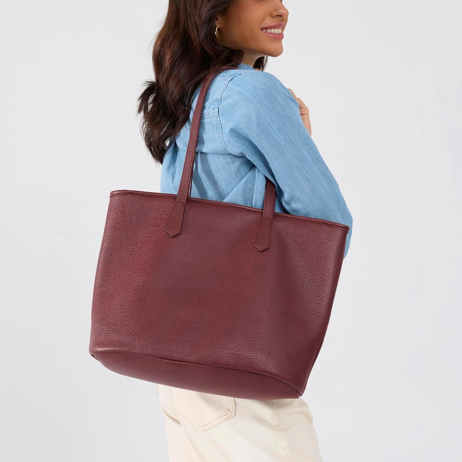 image:imageZipper Tote Bag for Women Soft Vegan Leather Handbag for Work Travel amp Everyday UseDark Red