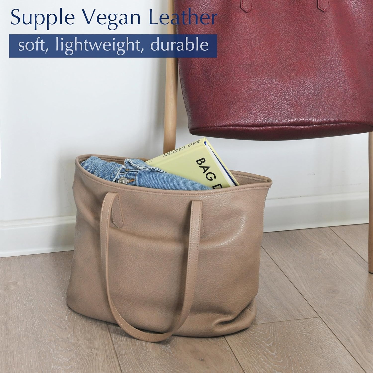 image:imageZipper Tote Bag for Women Soft Vegan Leather Handbag for Work Travel amp Everyday UseNude