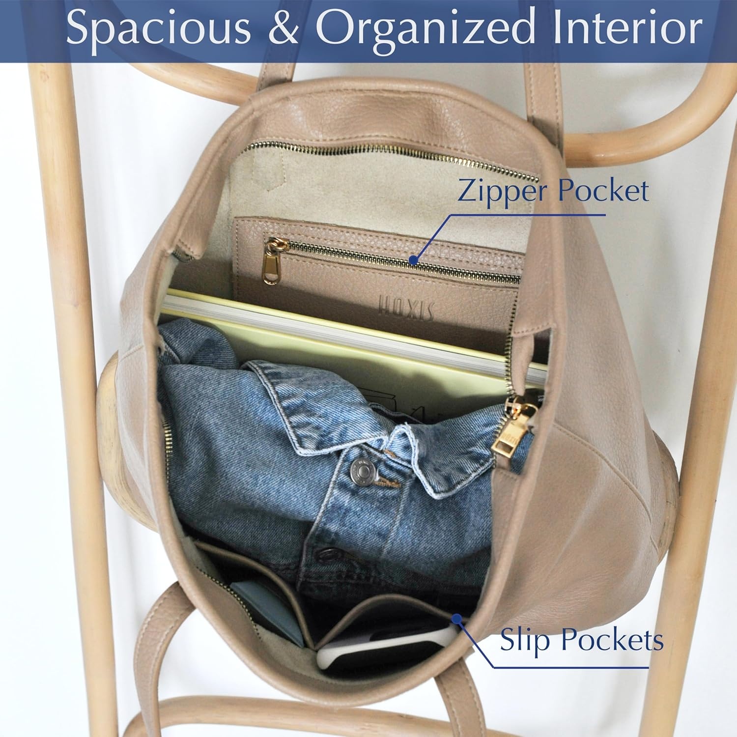 image:imageZipper Tote Bag for Women Soft Vegan Leather Handbag for Work Travel amp Everyday UseNude