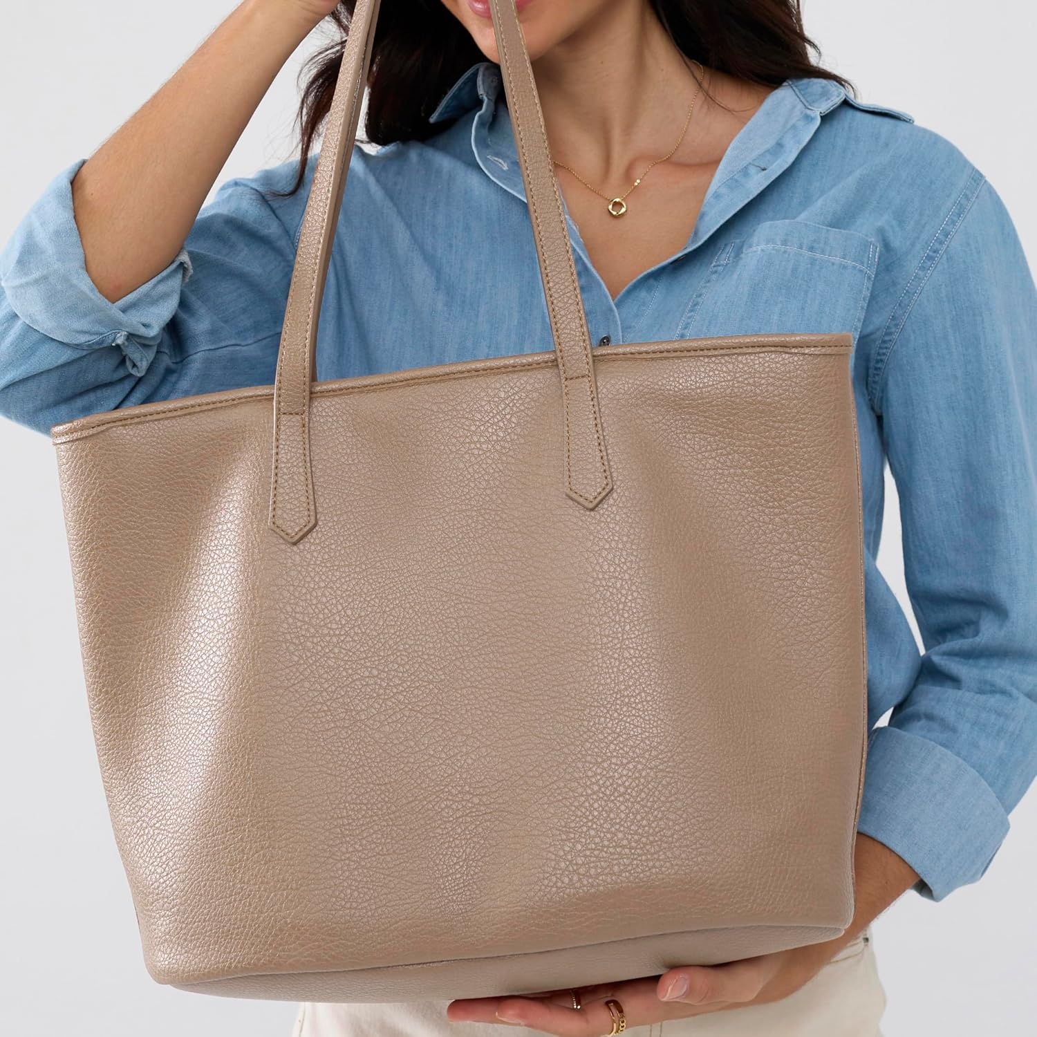 image:imageZipper Tote Bag for Women Soft Vegan Leather Handbag for Work Travel amp Everyday UseNude