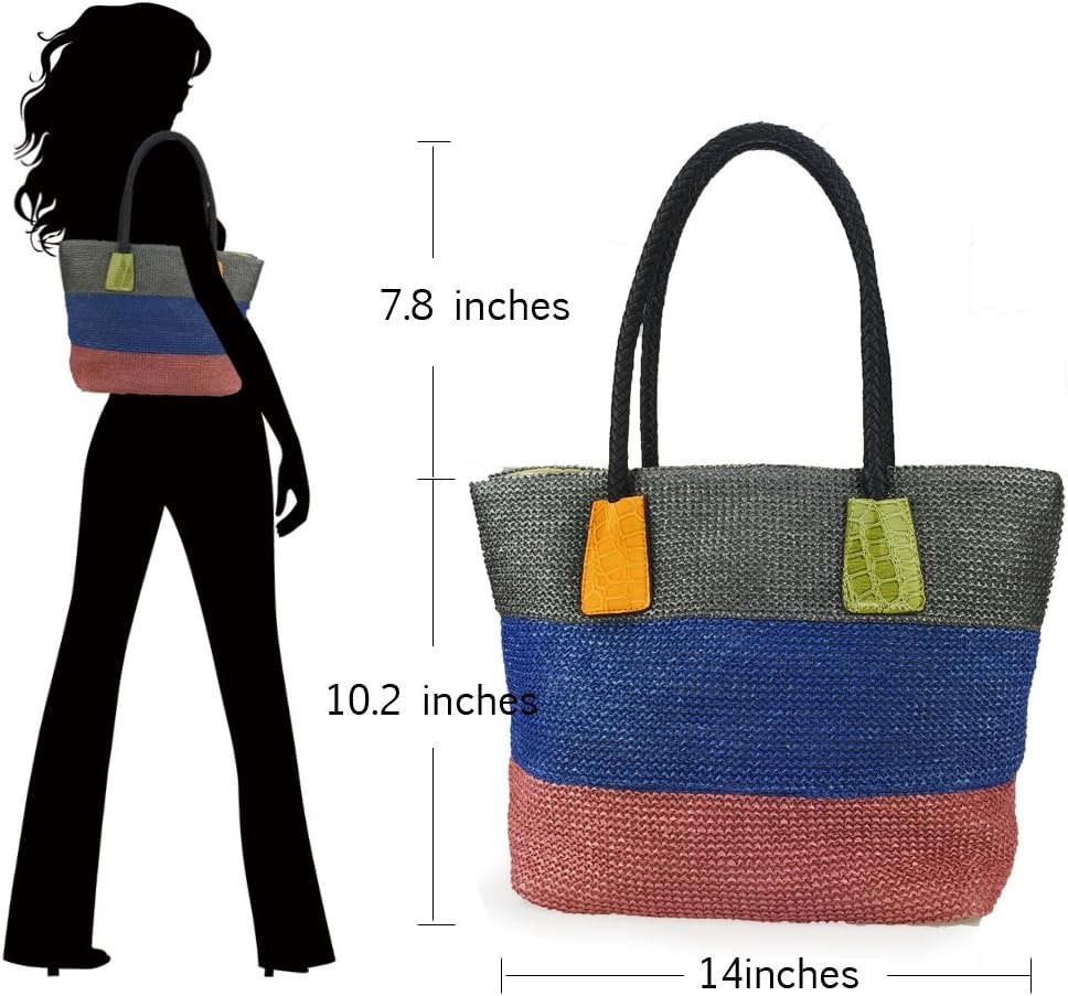 image:imageHOXIS Color Block Crocodile Pattern Stripes Woven Synthetic Straw Tote Womens Shoulder Handbag LovewinKhaki