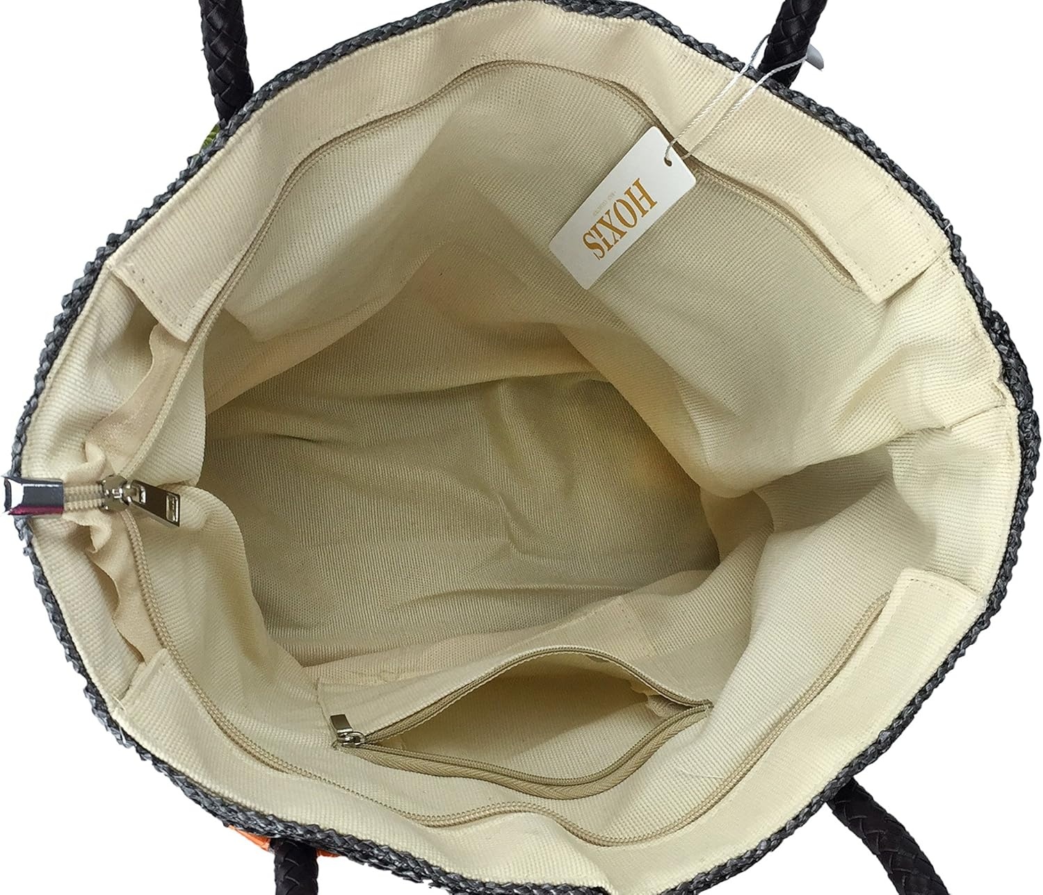 image:imageHOXIS Color Block Crocodile Pattern Stripes Woven Synthetic Straw Tote Womens Shoulder Handbag LovewinKhaki