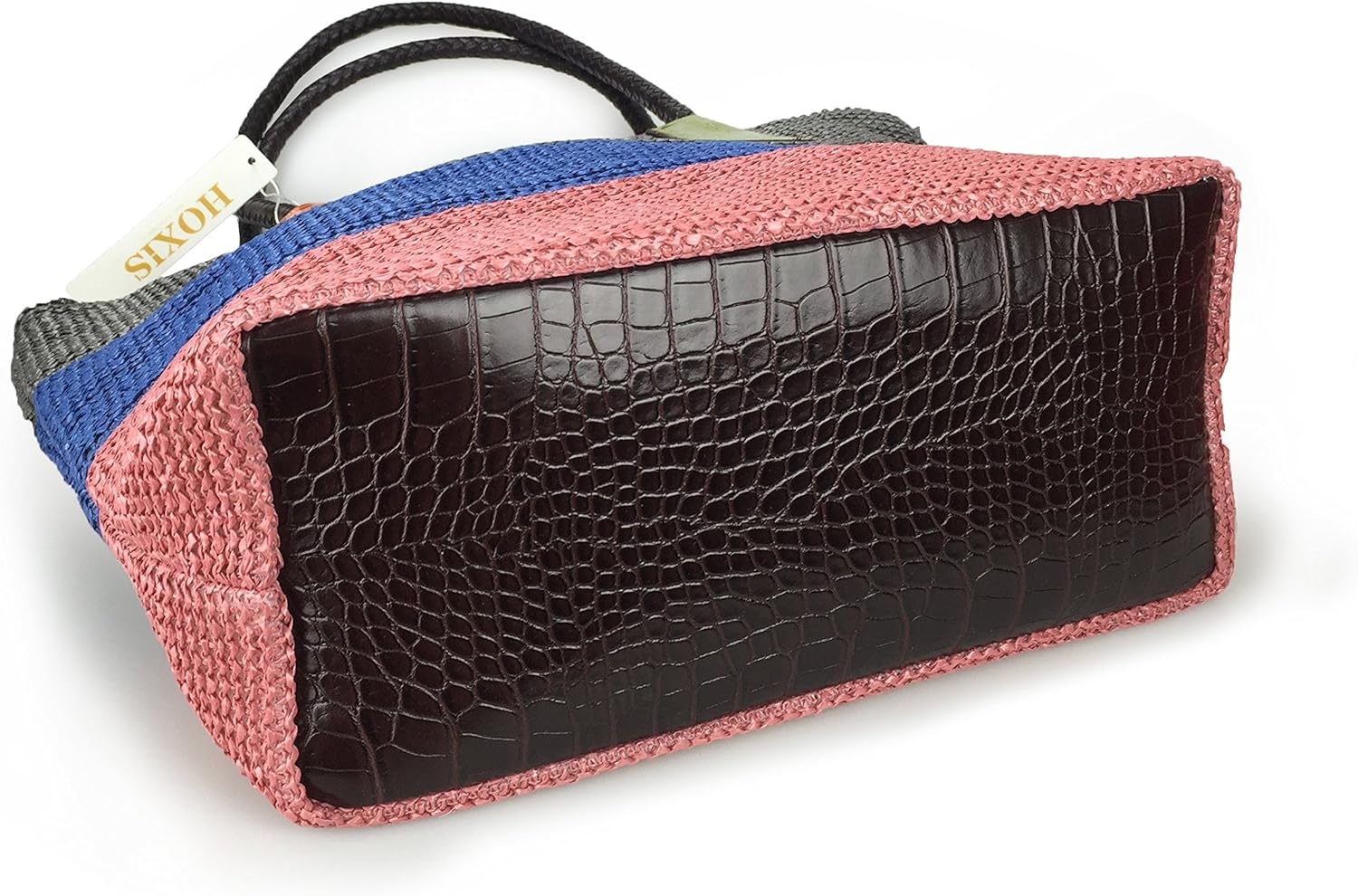 image:imageHOXIS Color Block Crocodile Pattern Stripes Woven Synthetic Straw Tote Womens Shoulder Handbag LovewinKhaki