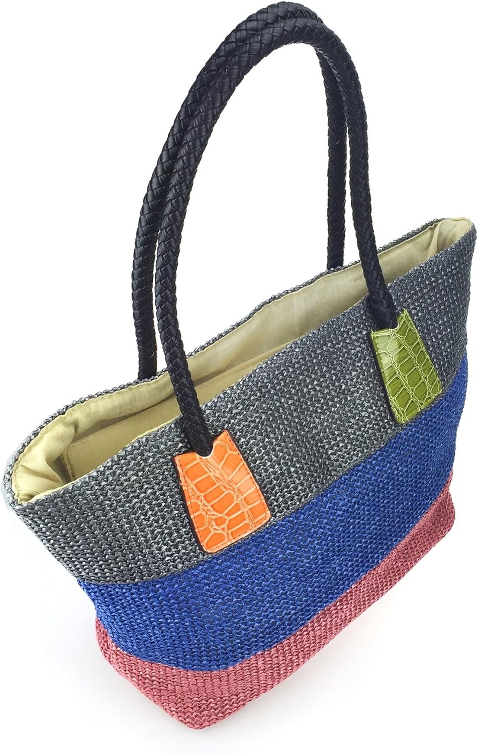 image:imageHOXIS Color Block Crocodile Pattern Stripes Woven Synthetic Straw Tote Womens Shoulder Handbag LovewinKhaki