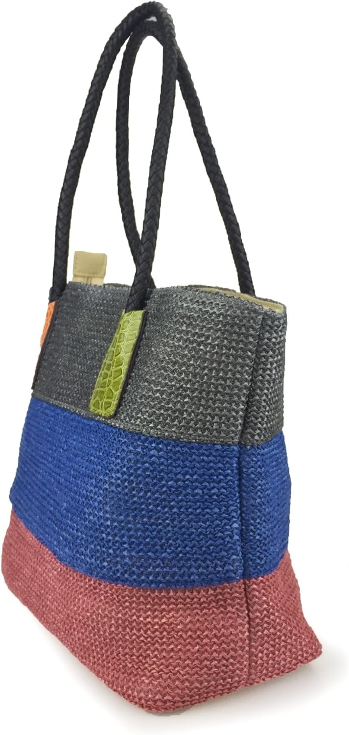 image:imageHOXIS Color Block Crocodile Pattern Stripes Woven Synthetic Straw Tote Womens Shoulder Handbag LovewinKhaki