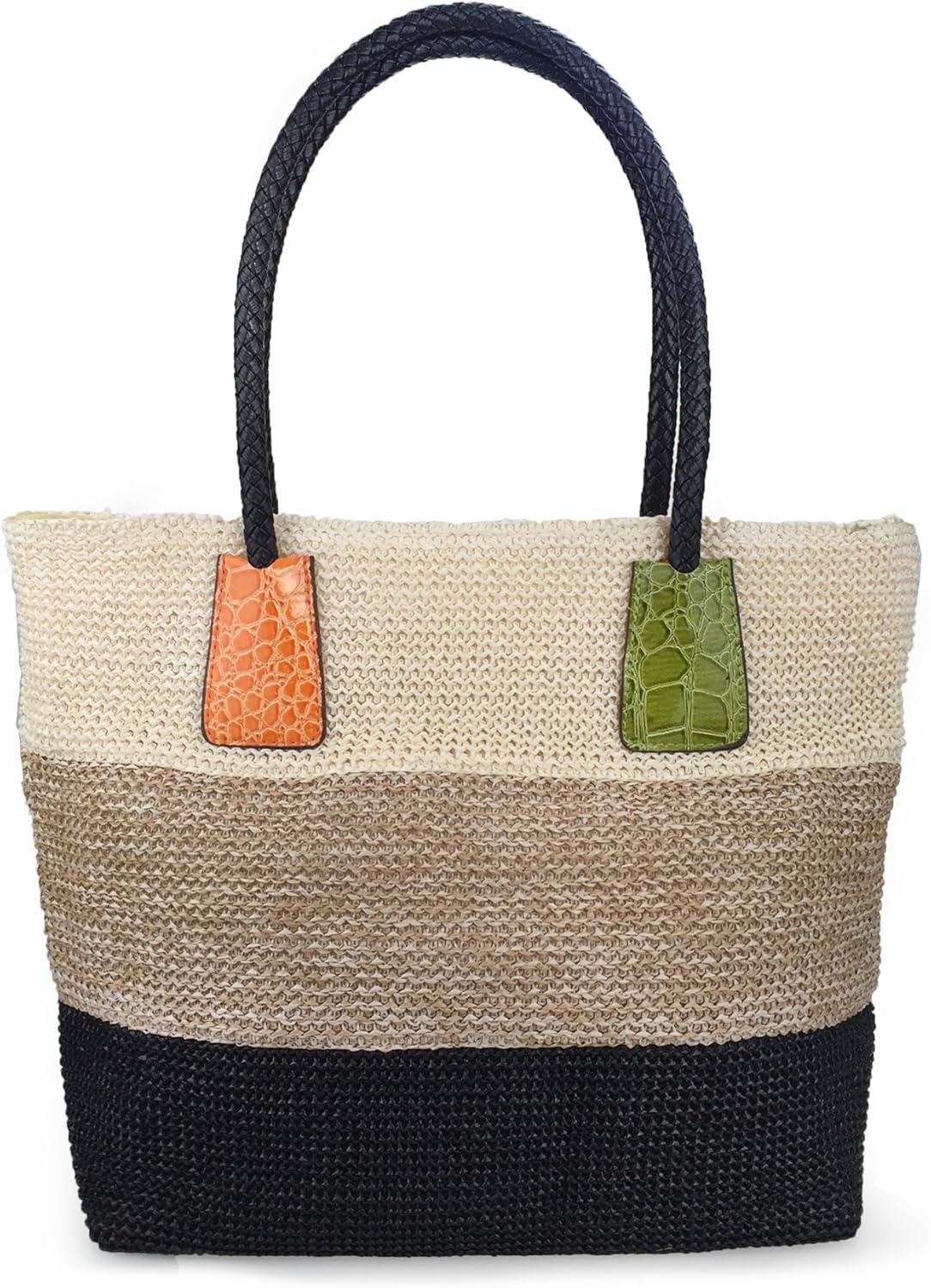 image:imageHOXIS Color Block Crocodile Pattern Stripes Woven Synthetic Straw Tote Womens Shoulder Handbag LovewinKhaki
