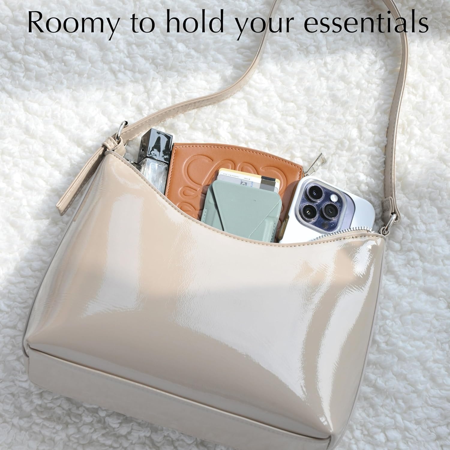 image:imageHOXIS Minimalist Faux Patent Leather Shoulder Bag Shiny Women Purse Y2K StyleNude