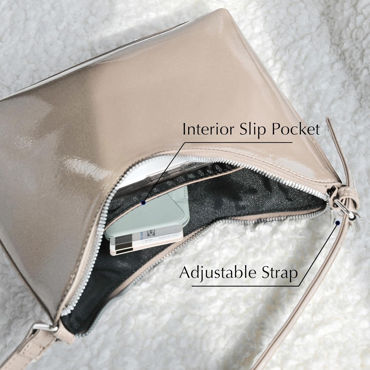 image:imageHOXIS Minimalist Faux Patent Leather Shoulder Bag Shiny Women Purse Y2K StyleNude
