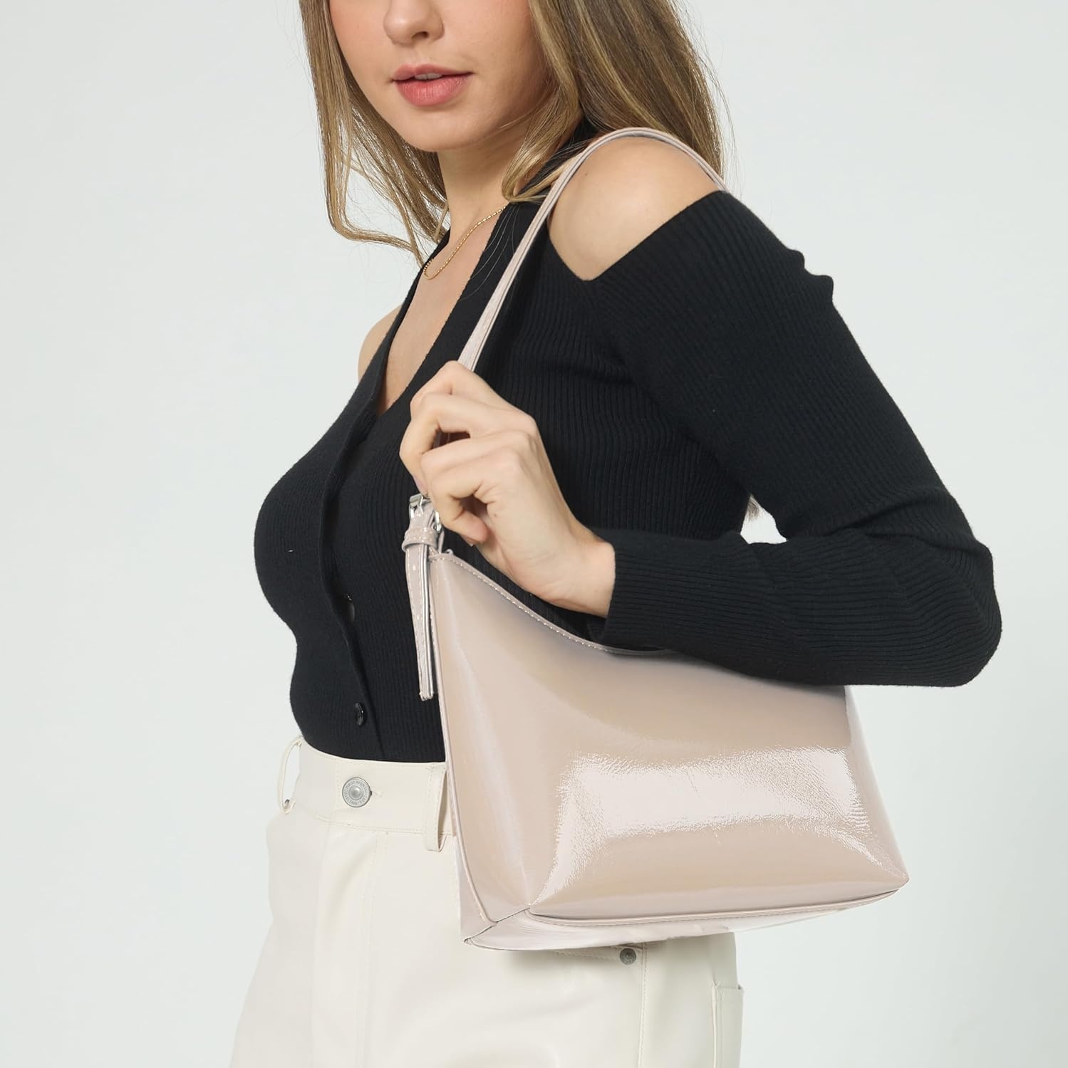 image:imageHOXIS Minimalist Faux Patent Leather Shoulder Bag Shiny Women Purse Y2K StyleNude