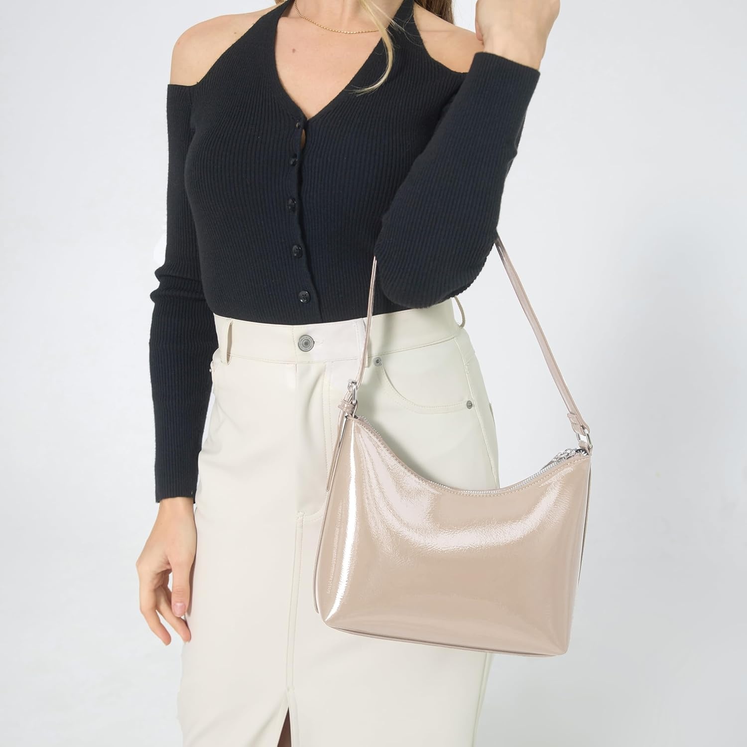 image:imageHOXIS Minimalist Faux Patent Leather Shoulder Bag Shiny Women Purse Y2K StyleNude