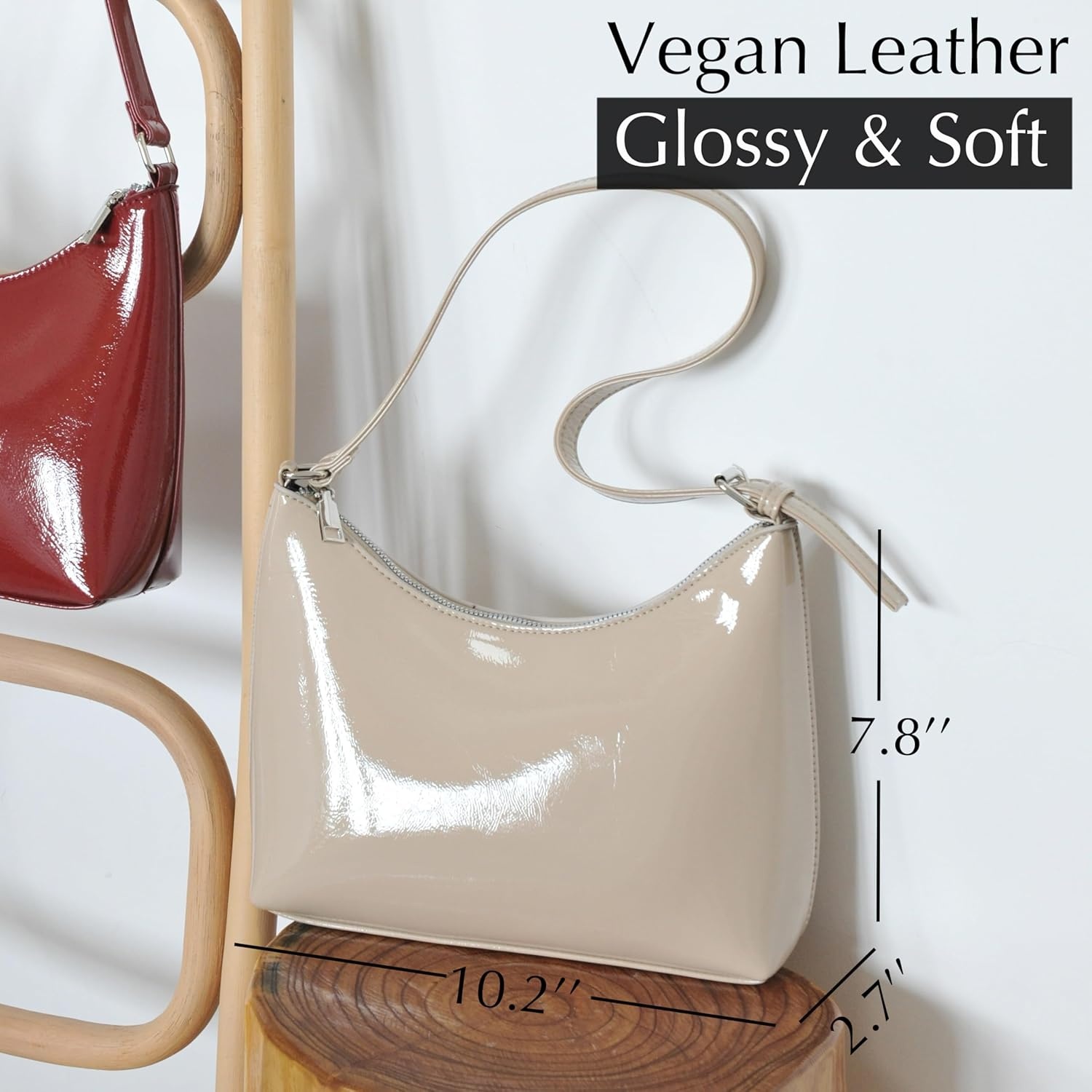 image:imageHOXIS Minimalist Faux Patent Leather Shoulder Bag Shiny Women Purse Y2K StyleNude