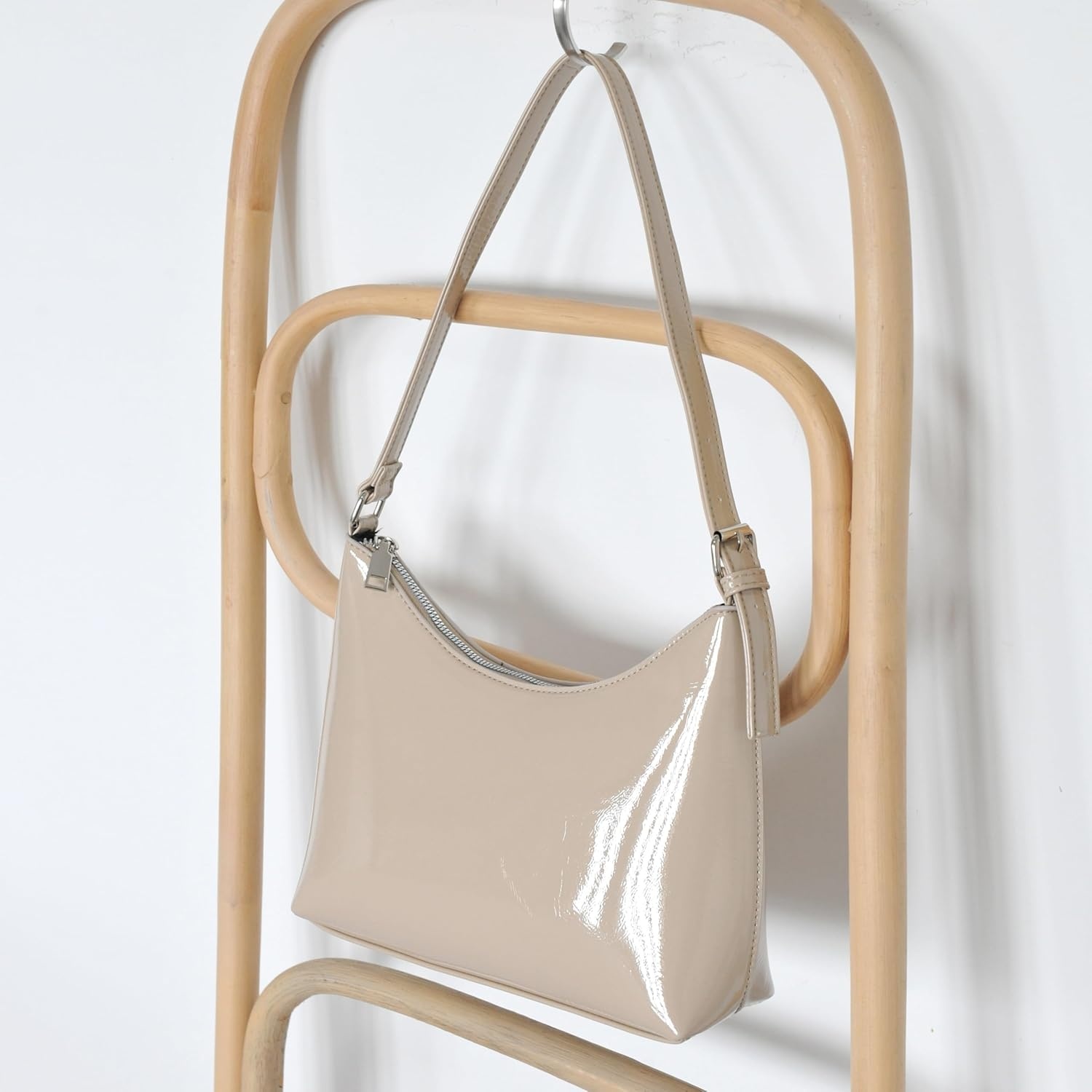 image:imageHOXIS Minimalist Faux Patent Leather Shoulder Bag Shiny Women Purse Y2K StyleNude