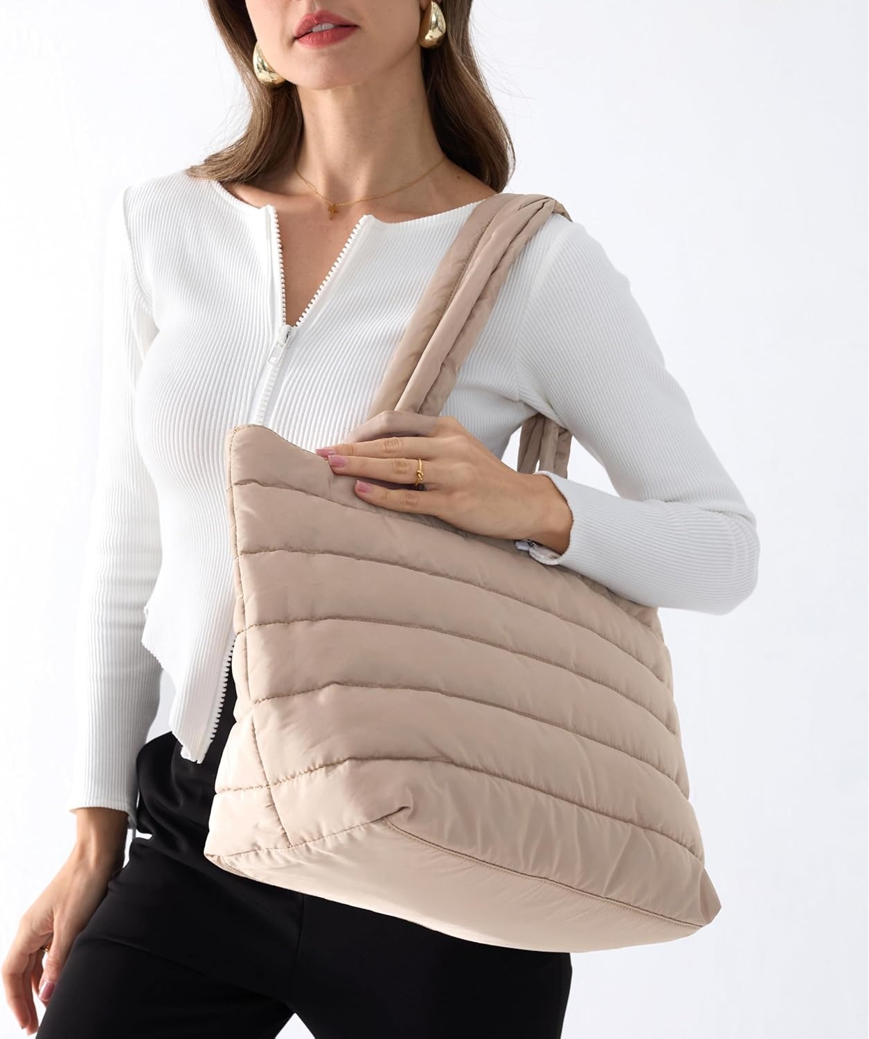 image:imageHOXIS Puffer Tote for Women Quilted Shoulder Handbag Lightweight Weekender Bag Purse for Work Travel Gym ShopBlack