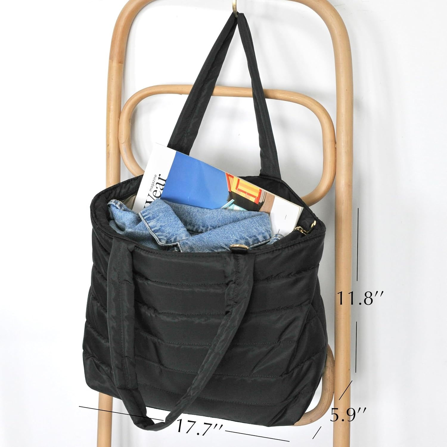 image:imageHOXIS Puffer Tote for Women Quilted Shoulder Handbag Lightweight Weekender Bag Purse for Work Travel Gym ShopBlack