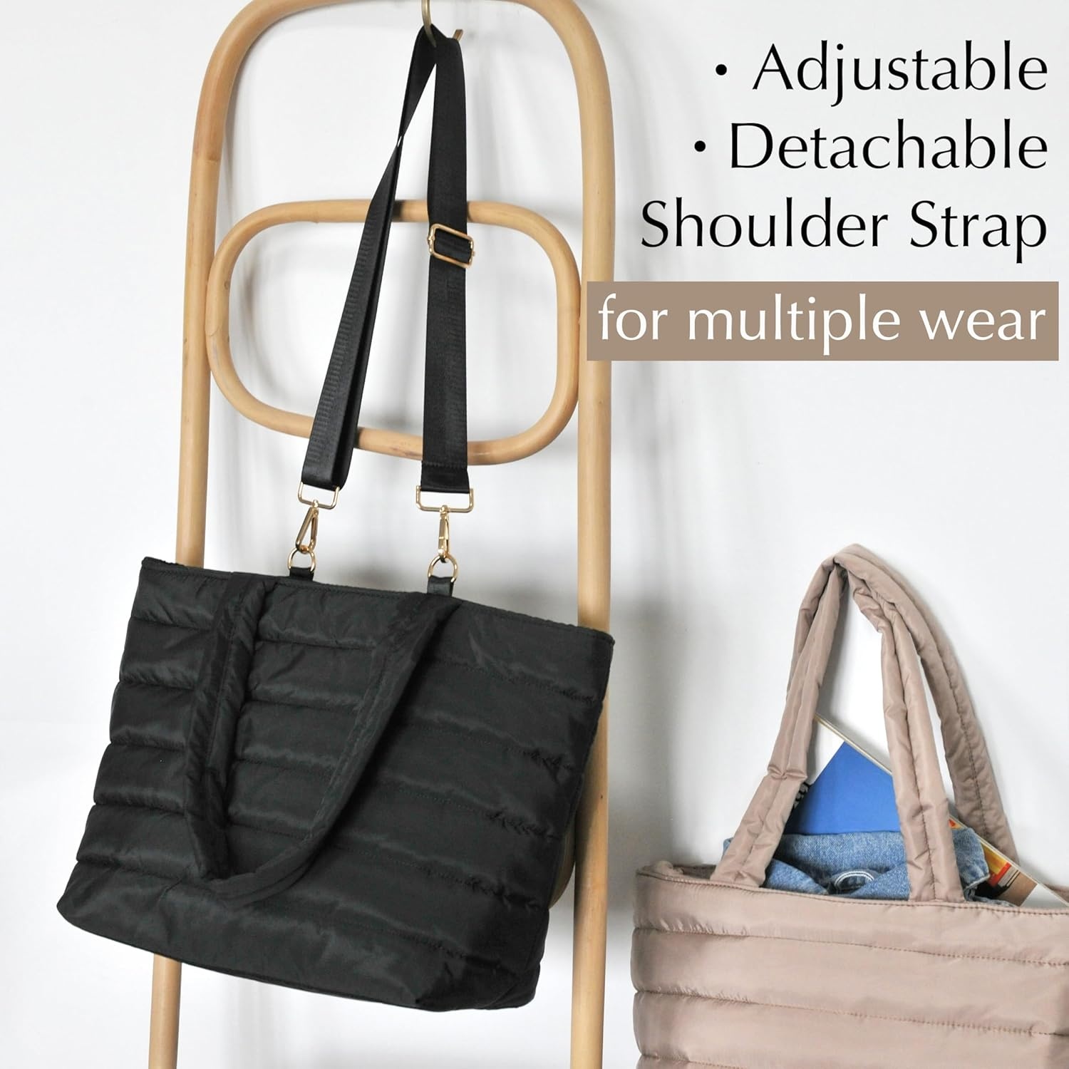 image:imageHOXIS Puffer Tote for Women Quilted Shoulder Handbag Lightweight Weekender Bag Purse for Work Travel Gym ShopBlack