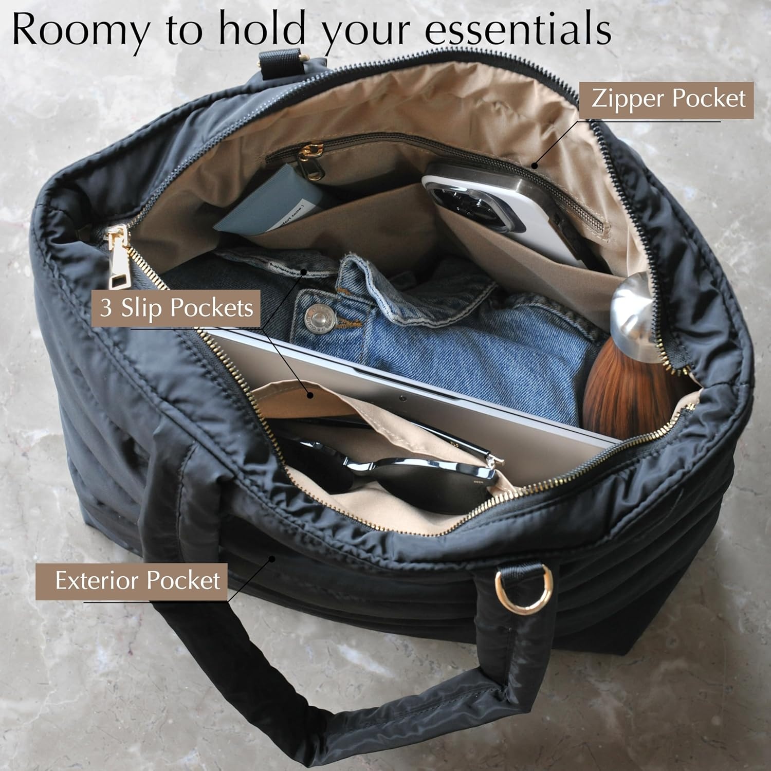 image:imageHOXIS Puffer Tote for Women Quilted Shoulder Handbag Lightweight Weekender Bag Purse for Work Travel Gym ShopBlack