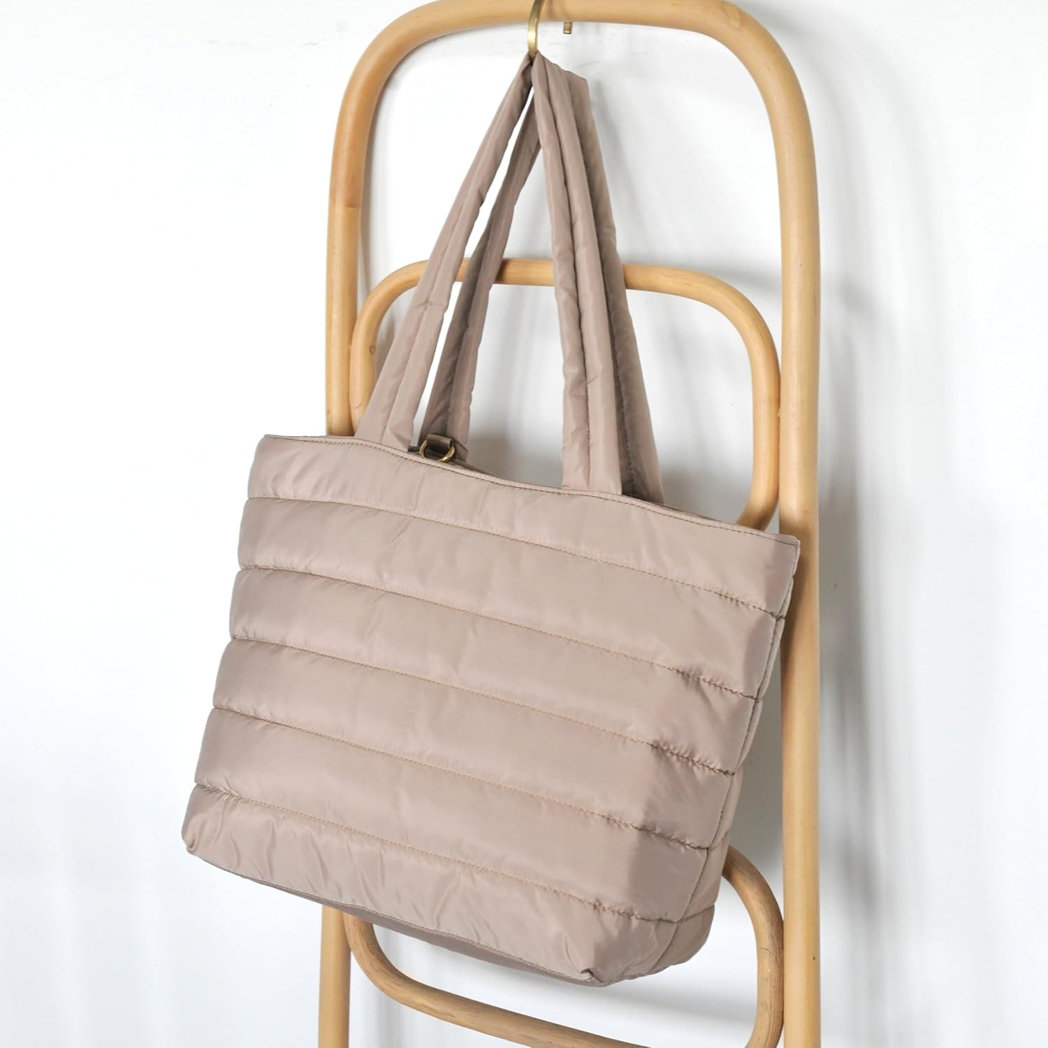 image:imageHOXIS Puffer Tote for Women Quilted Shoulder Handbag Lightweight Weekender Bag Purse for Work Travel Gym ShopNude