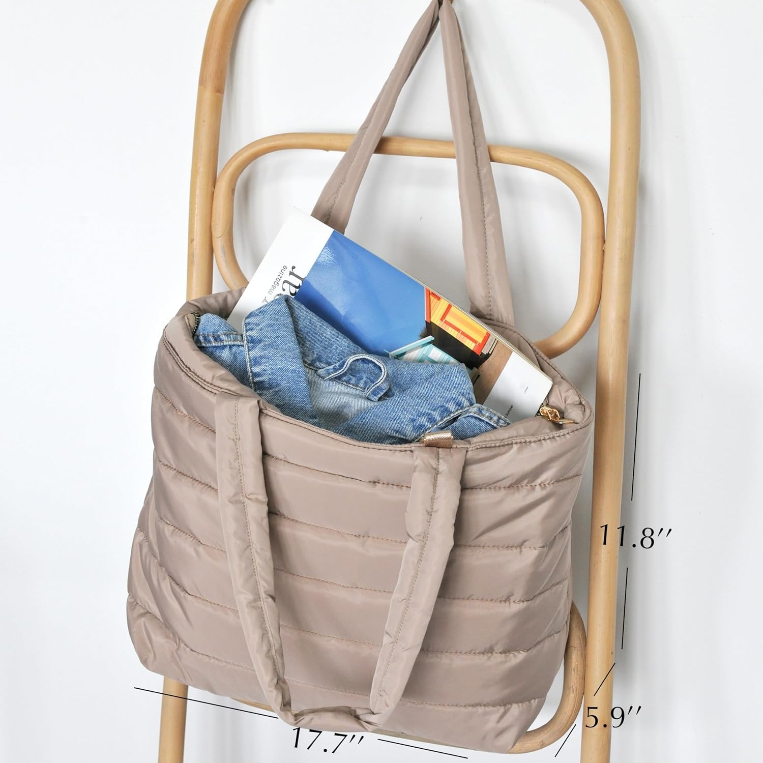 image:imageHOXIS Puffer Tote for Women Quilted Shoulder Handbag Lightweight Weekender Bag Purse for Work Travel Gym ShopNude