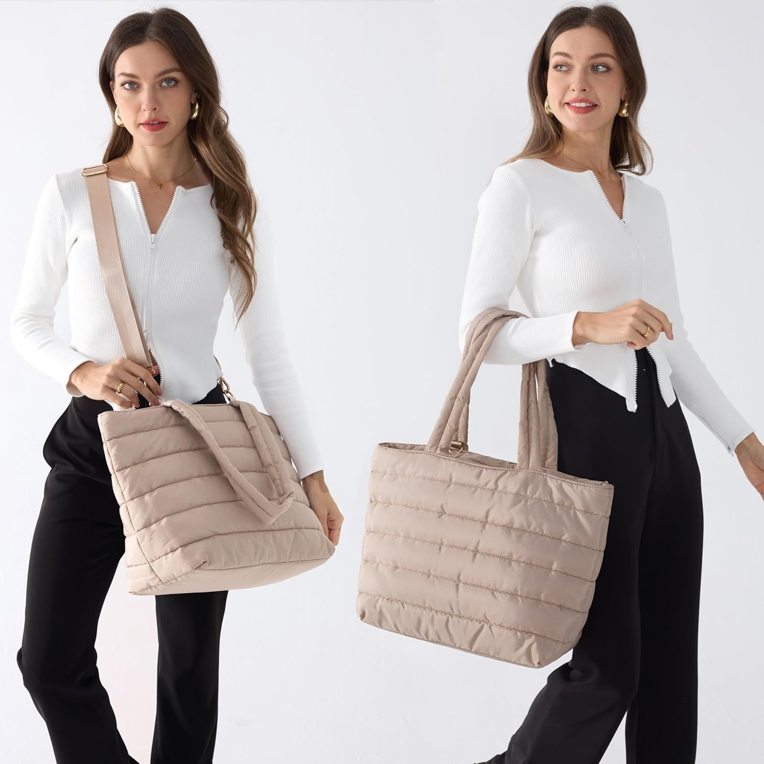 image:imageHOXIS Puffer Tote for Women Quilted Shoulder Handbag Lightweight Weekender Bag Purse for Work Travel Gym ShopNude