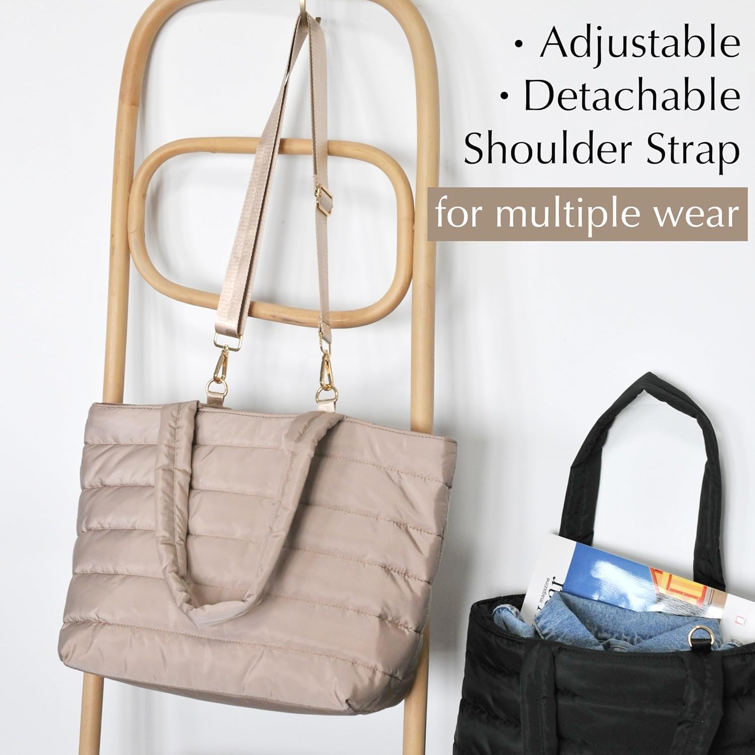 image:imageHOXIS Puffer Tote for Women Quilted Shoulder Handbag Lightweight Weekender Bag Purse for Work Travel Gym ShopNude