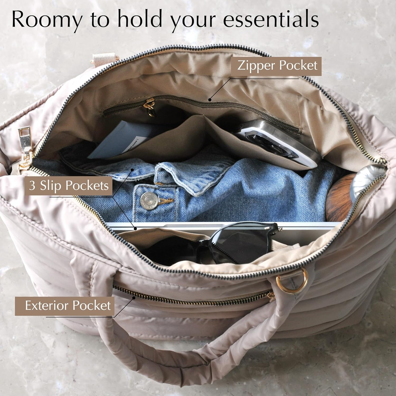 image:imageHOXIS Puffer Tote for Women Quilted Shoulder Handbag Lightweight Weekender Bag Purse for Work Travel Gym ShopNude