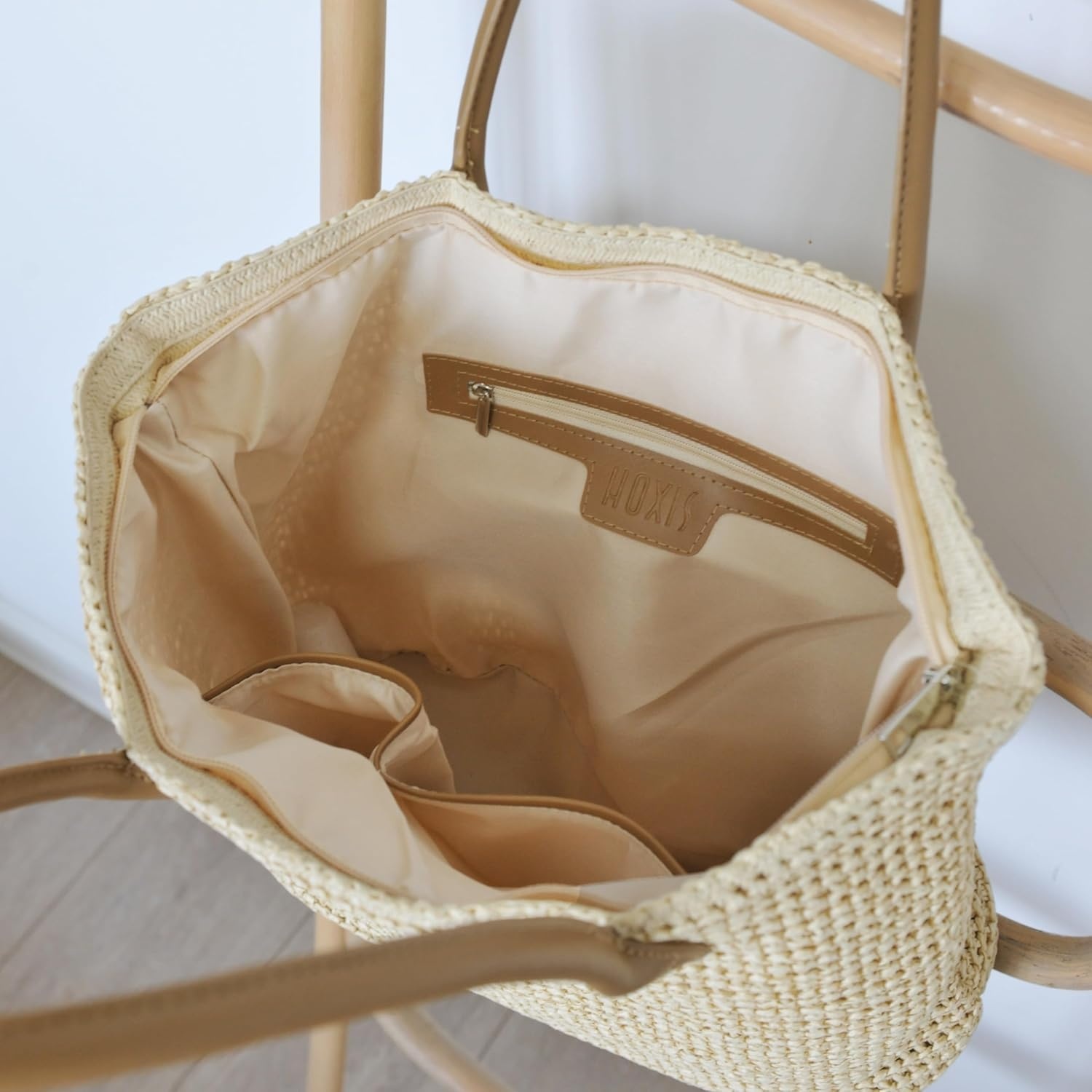 image:imageHOXIS Weekender Lightweight Synthetic Straw Shopper Tote Womens Shoulder HandbagBeige