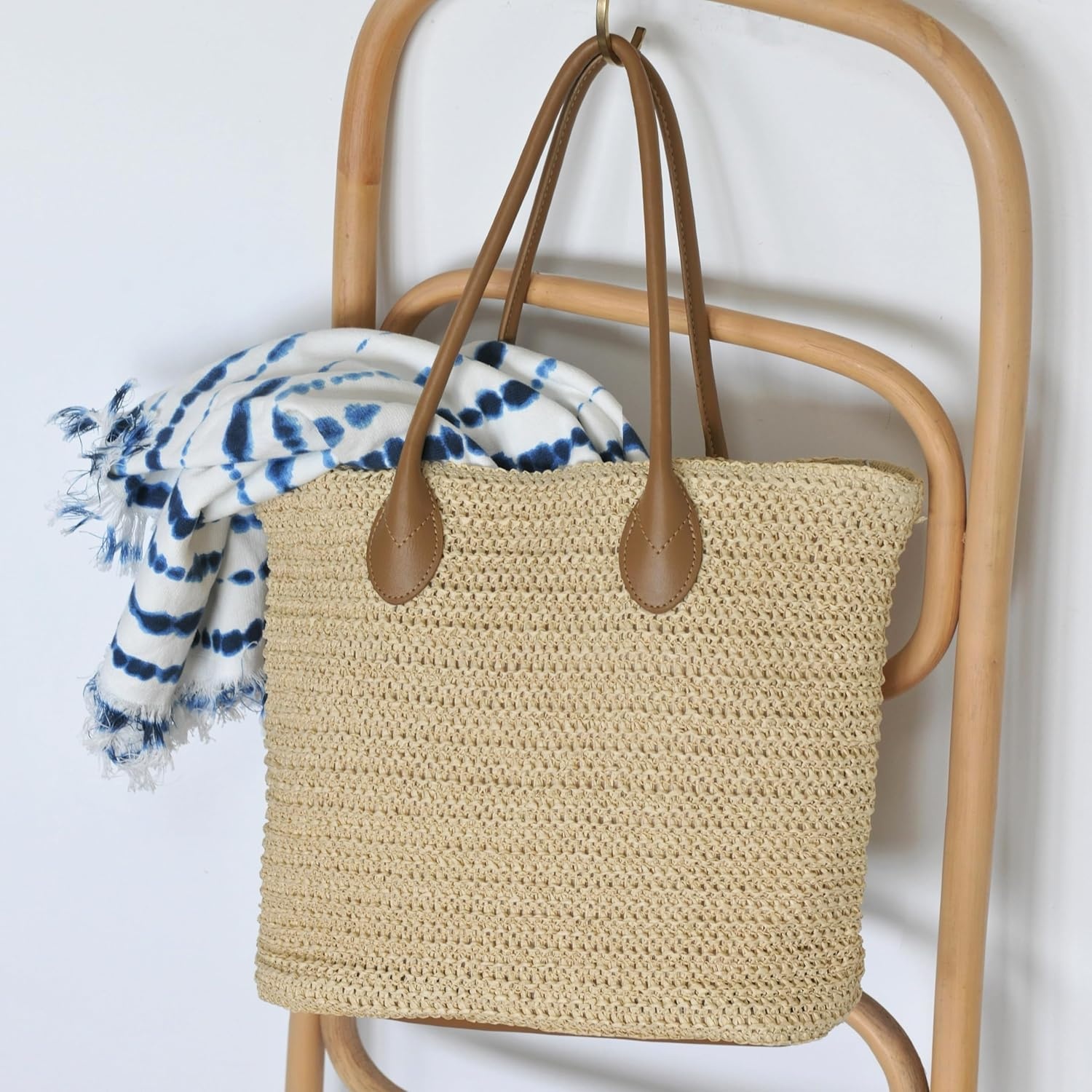 image:imageHOXIS Weekender Lightweight Synthetic Straw Shopper Tote Womens Shoulder HandbagBeige